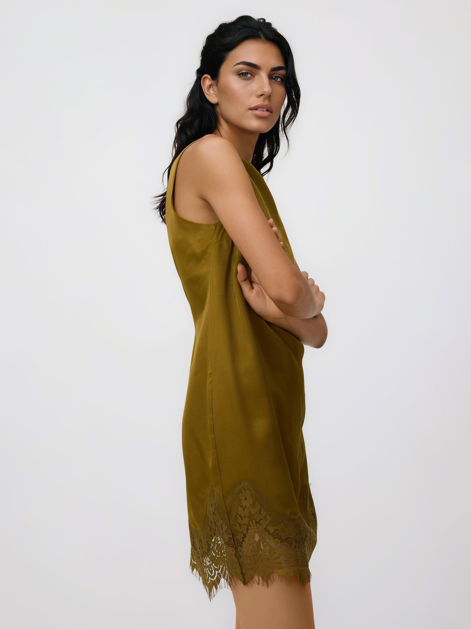 Green Satin Dress With Lace Detail, Green, large image number 2