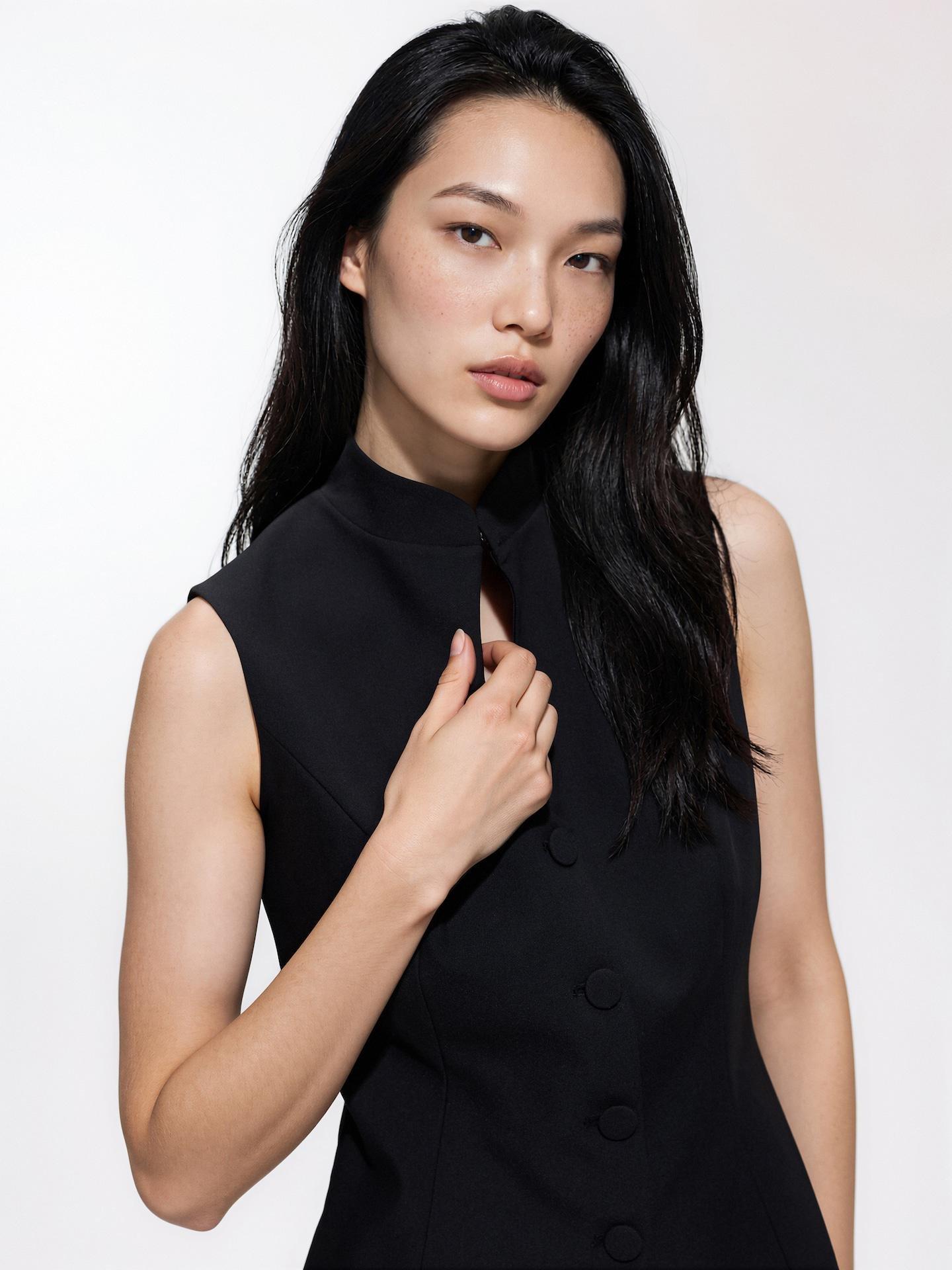 Black Vest With Stand Up Collar, Black, medium