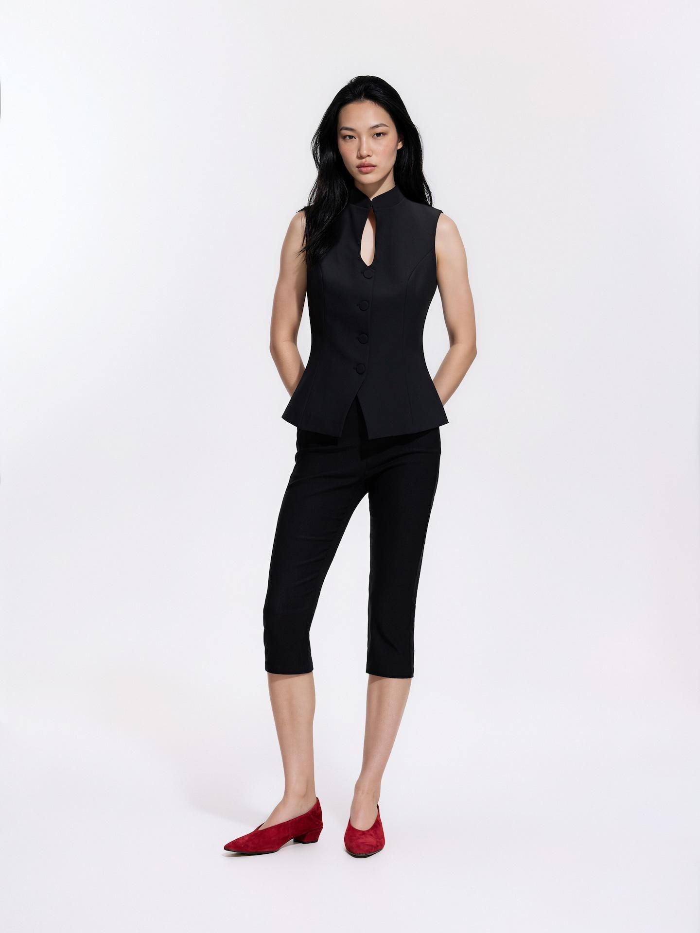 Black Vest With Stand Up Collar, Black, medium