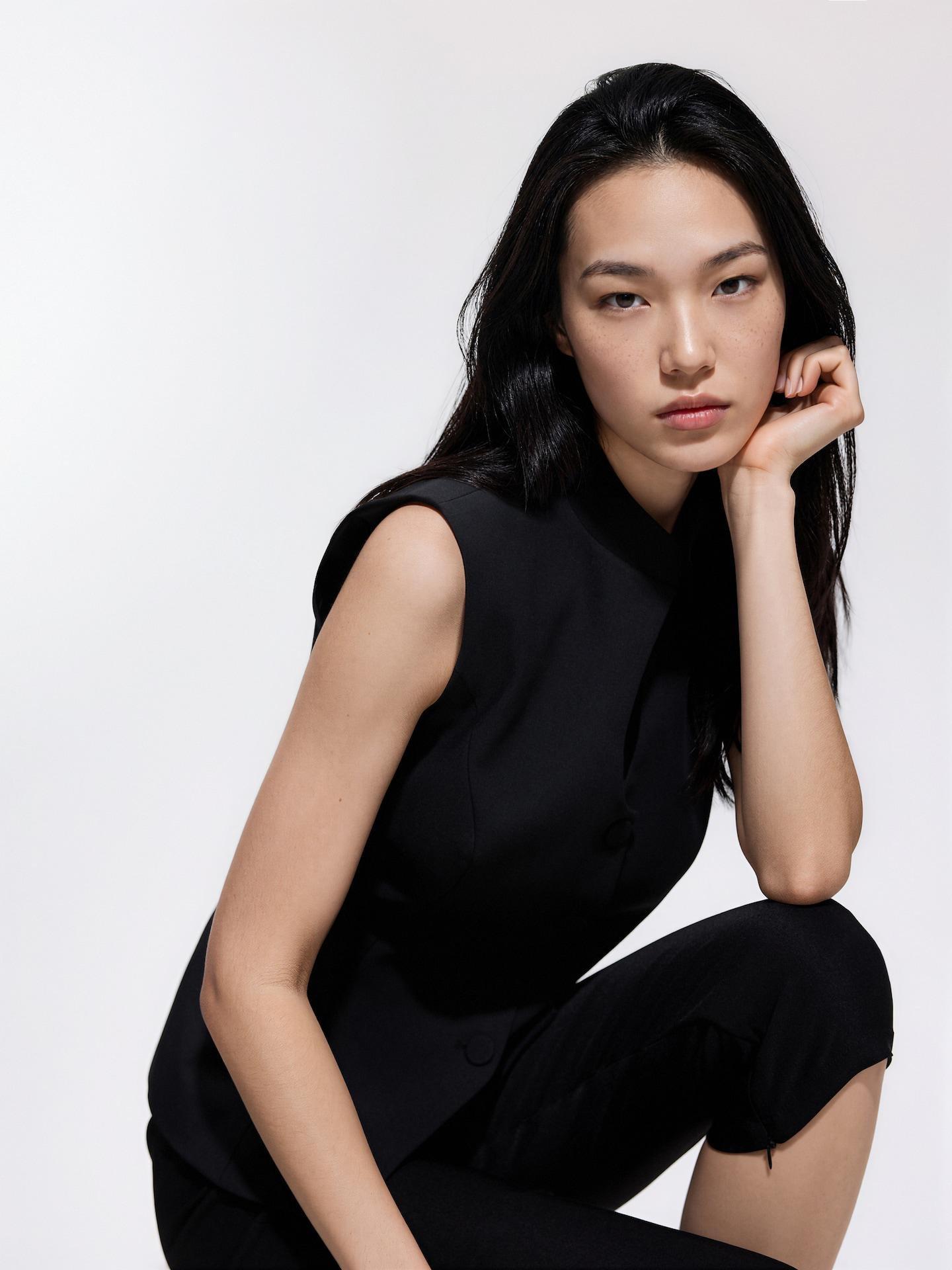 Black Vest With Stand Up Collar, Black, medium