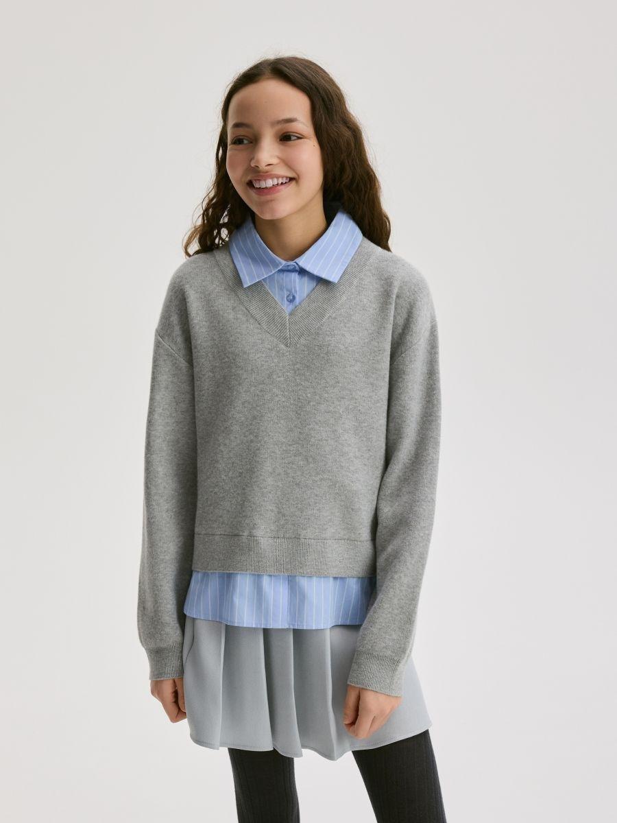 Grey Jumper With Shirt Details, Light grey, large image number 2