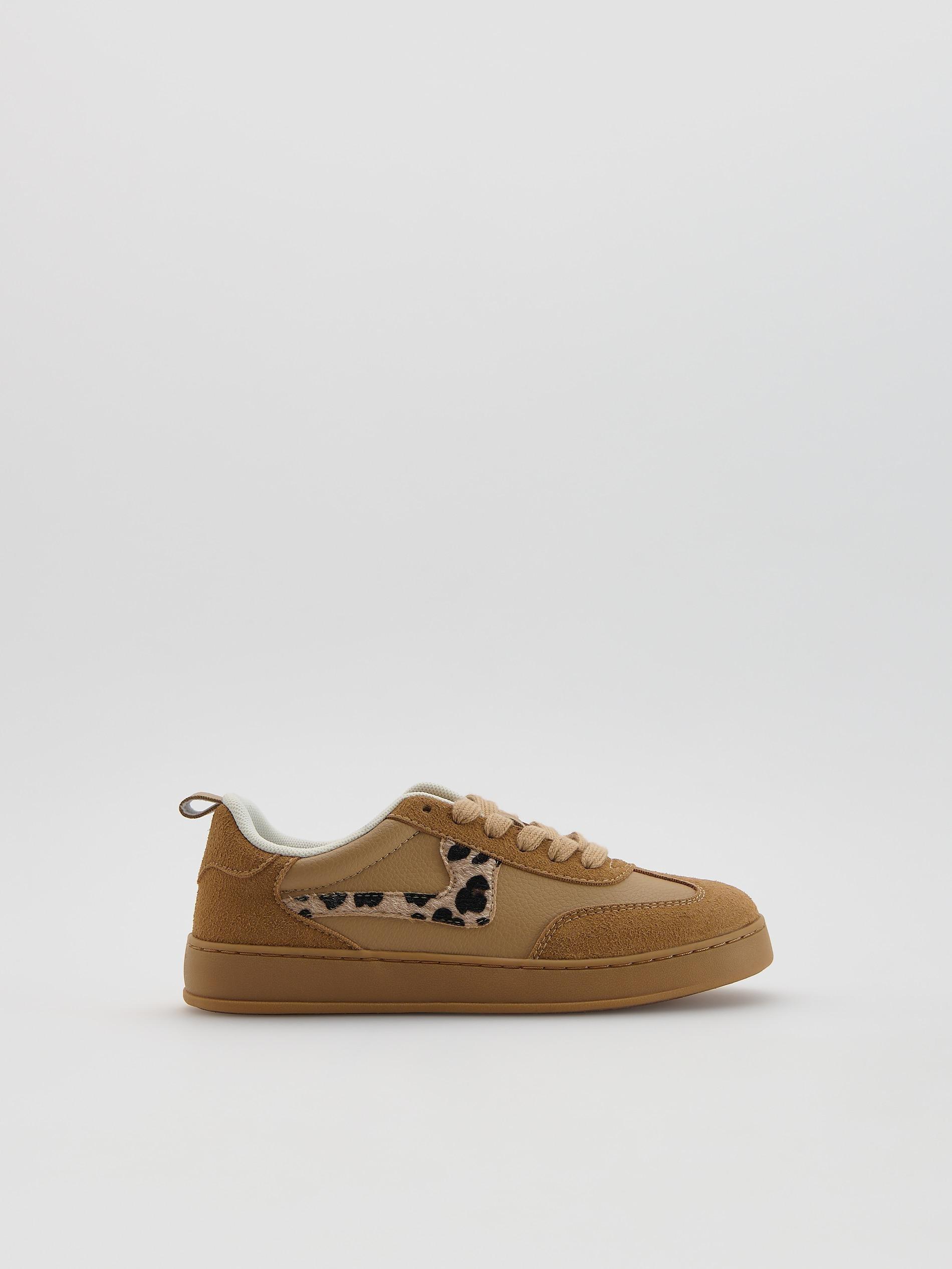 Beige Faux Leather Sneakers, Beige, medium