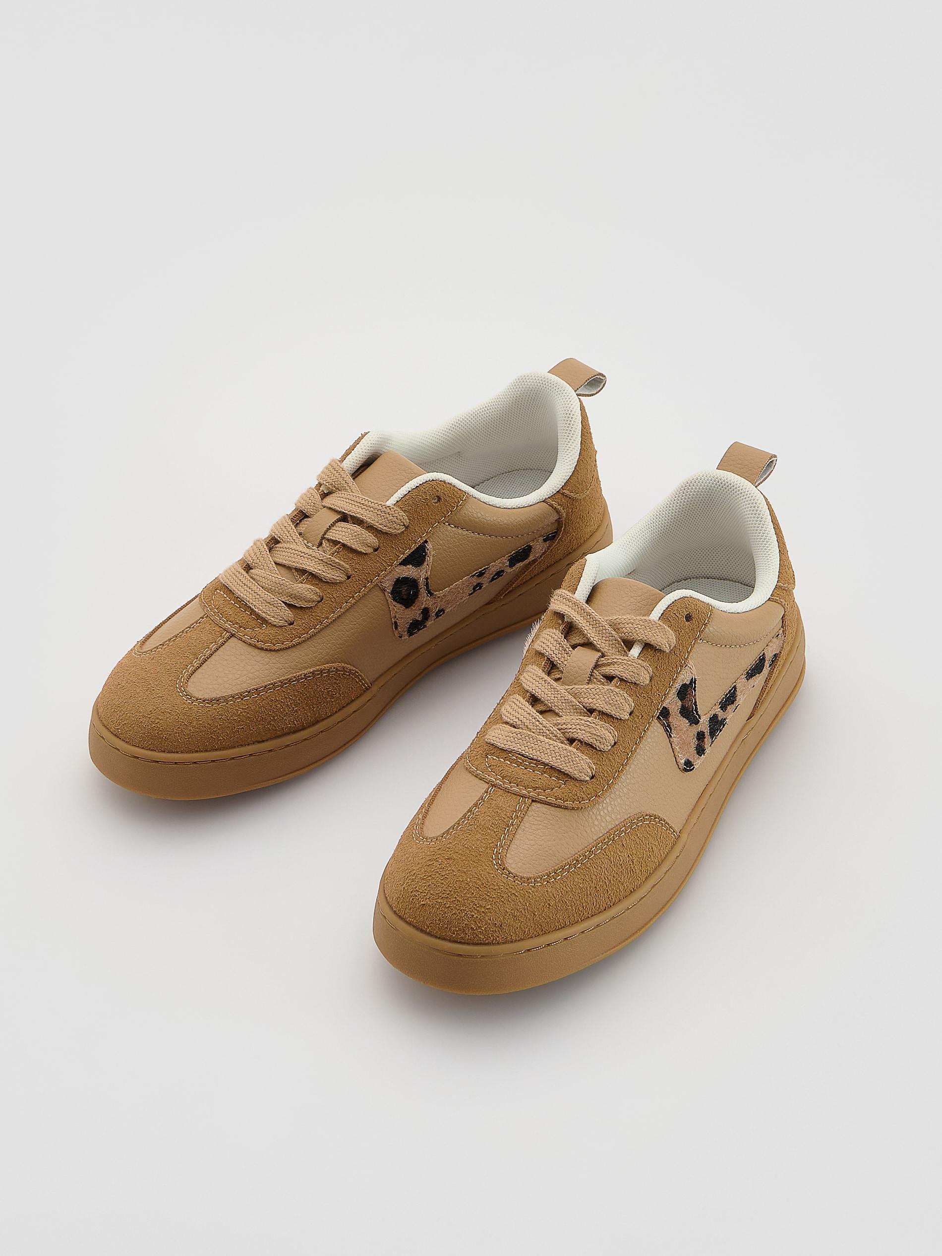 Beige Faux Leather Sneakers, Beige, medium