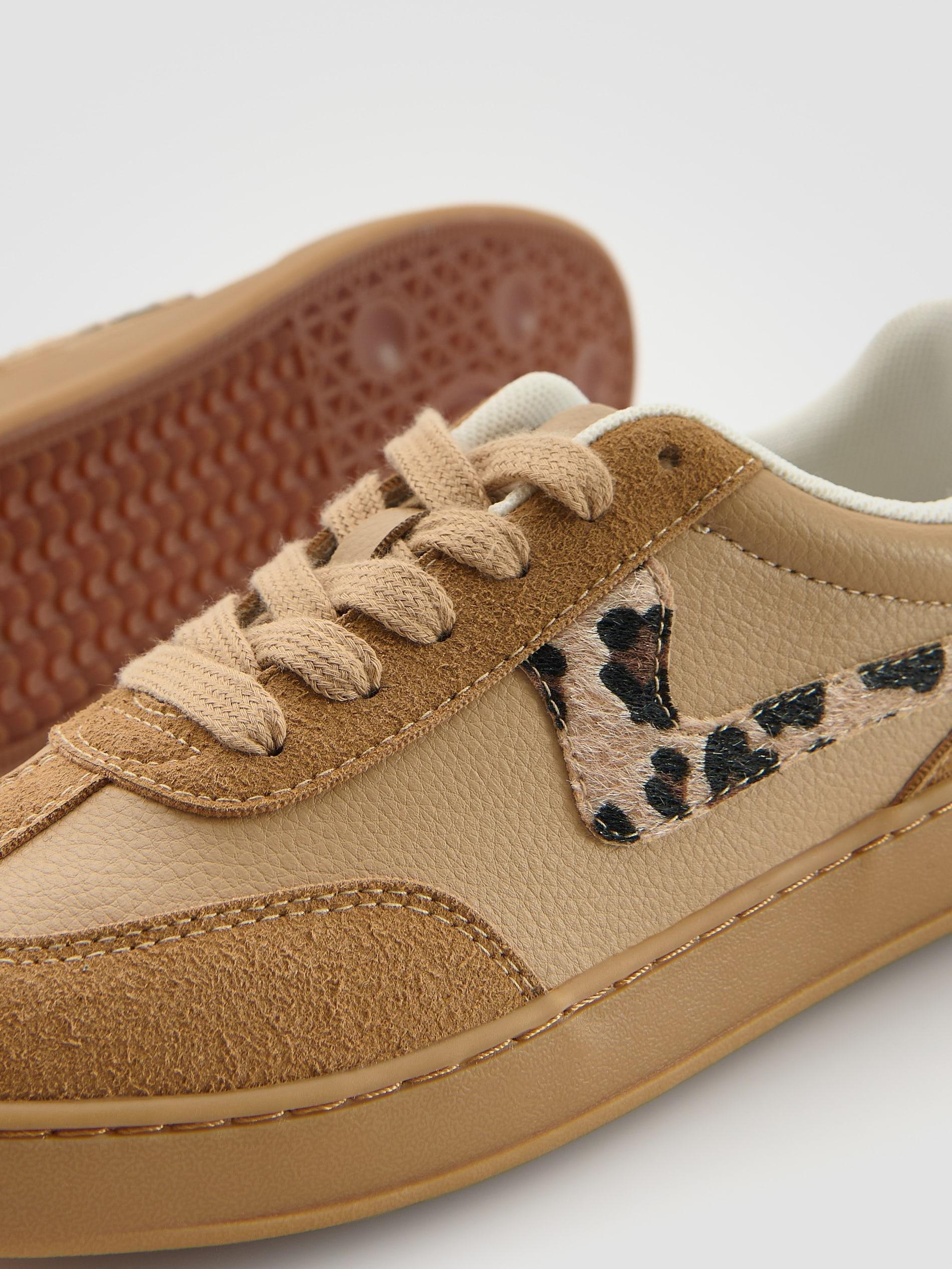 Beige Faux Leather Sneakers, Beige, medium