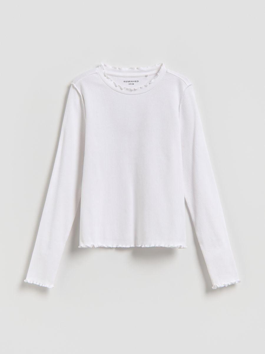 White Cotton Rib Knit Long Sleeve T-Shirt, White, large image number 0