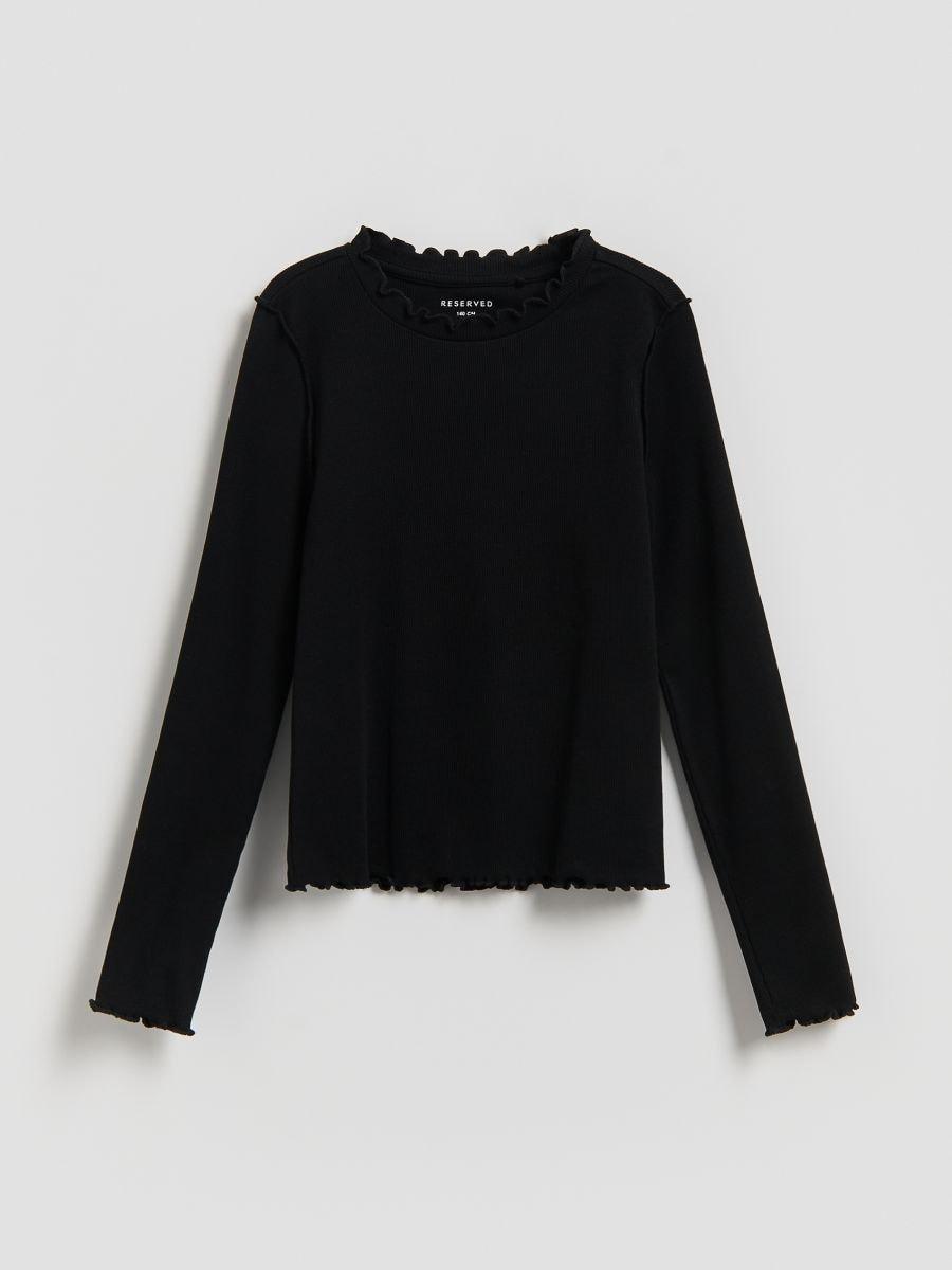 Black Cotton Rib Knit Long Sleeve T-Shirt, Black, large image number 0