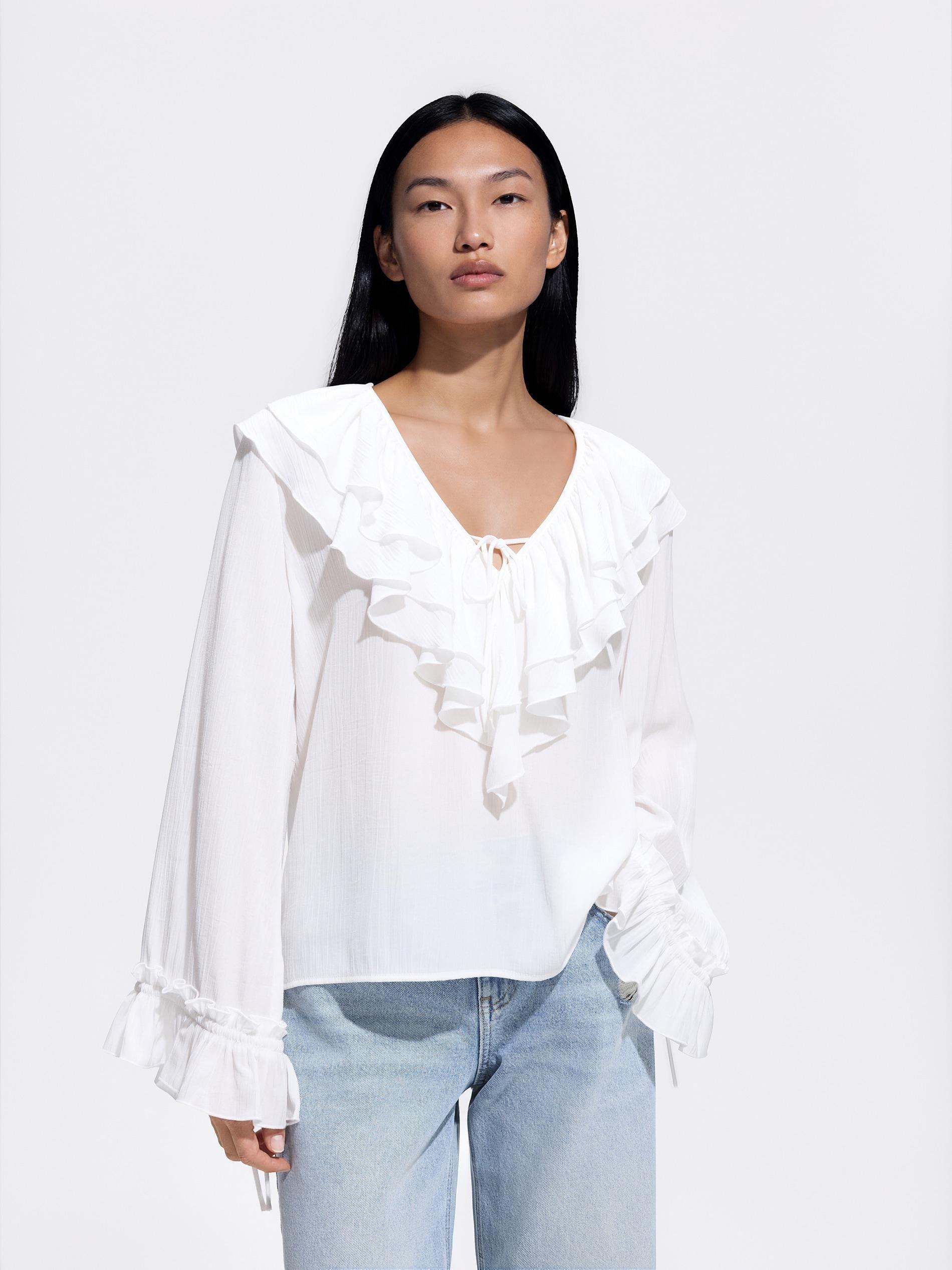White Top With Frills, White, medium