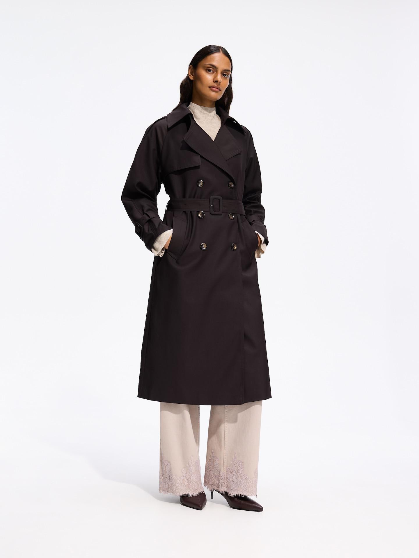 Brown Double-Breasted Trench Coat With Belt, Brown, medium