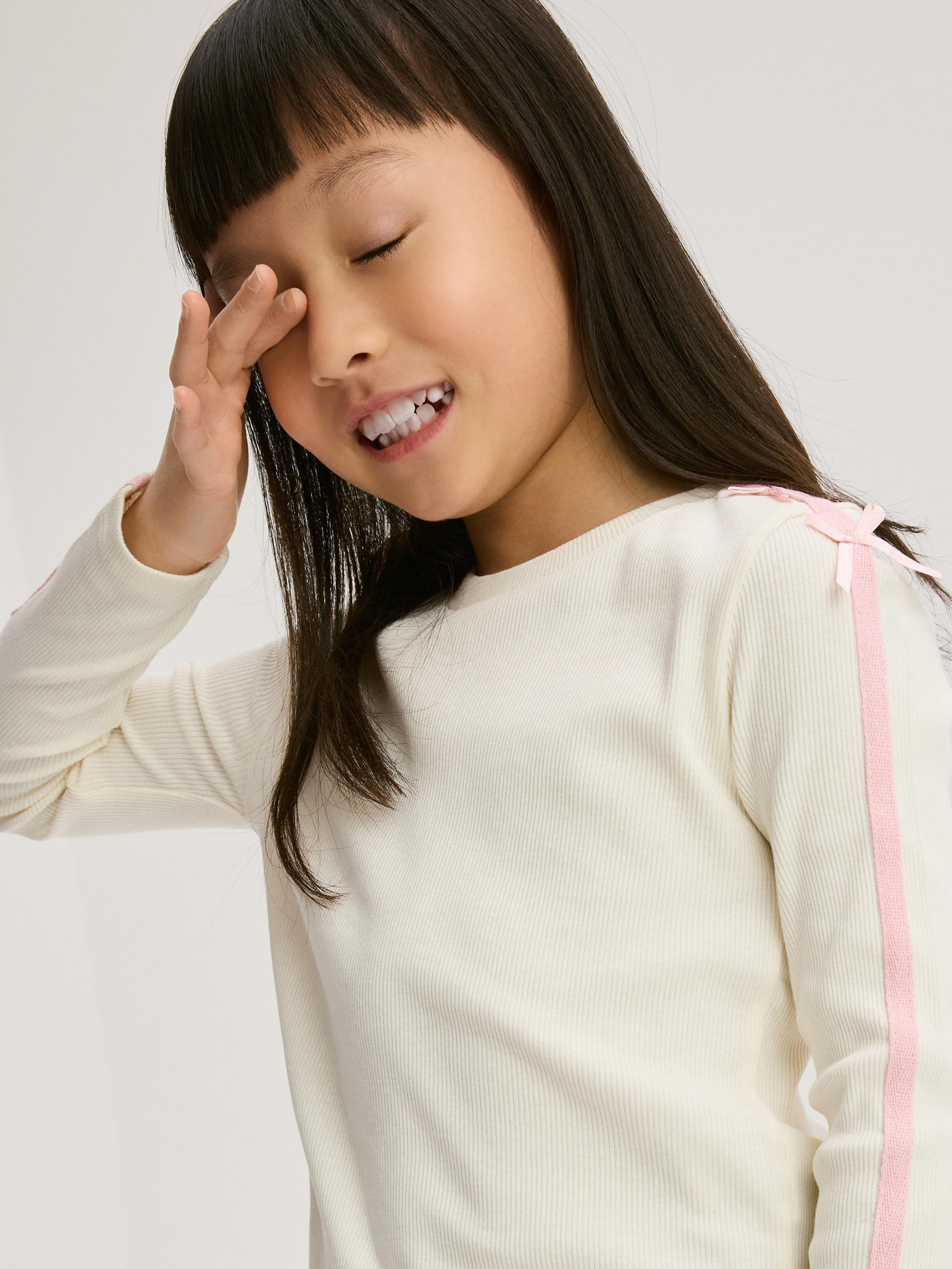 Cream Cotton Long Sleeve T-Shirt With Side Stripes, Ivory, large image number 0