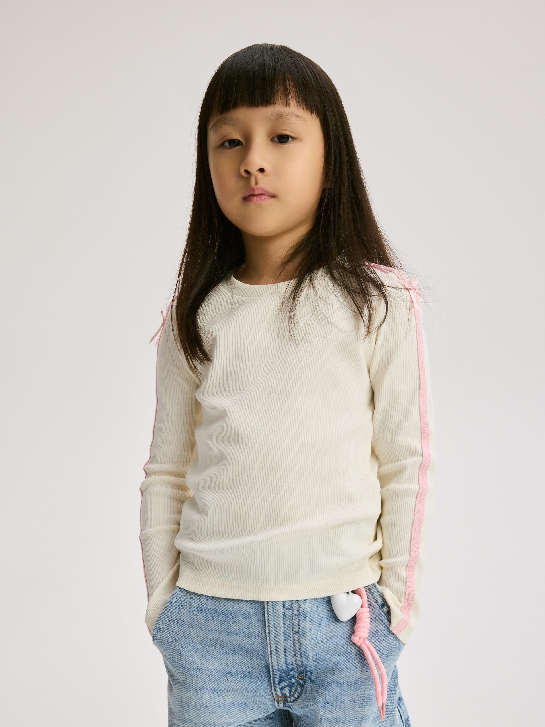 Cream Cotton Long Sleeve T-Shirt With Side Stripes, Ivory, large image number 1