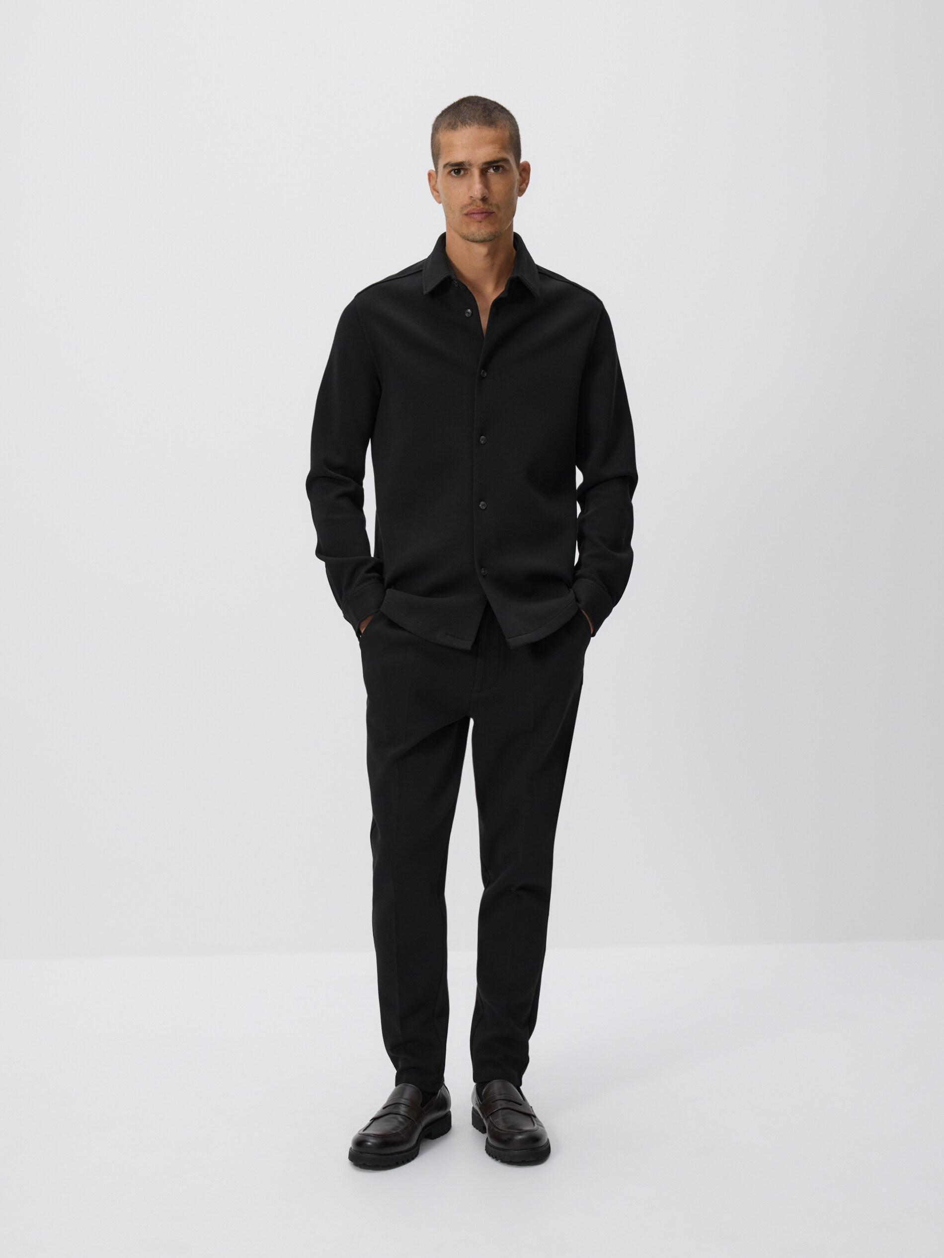 Black Slim Fit Plain Shirt, Black, medium