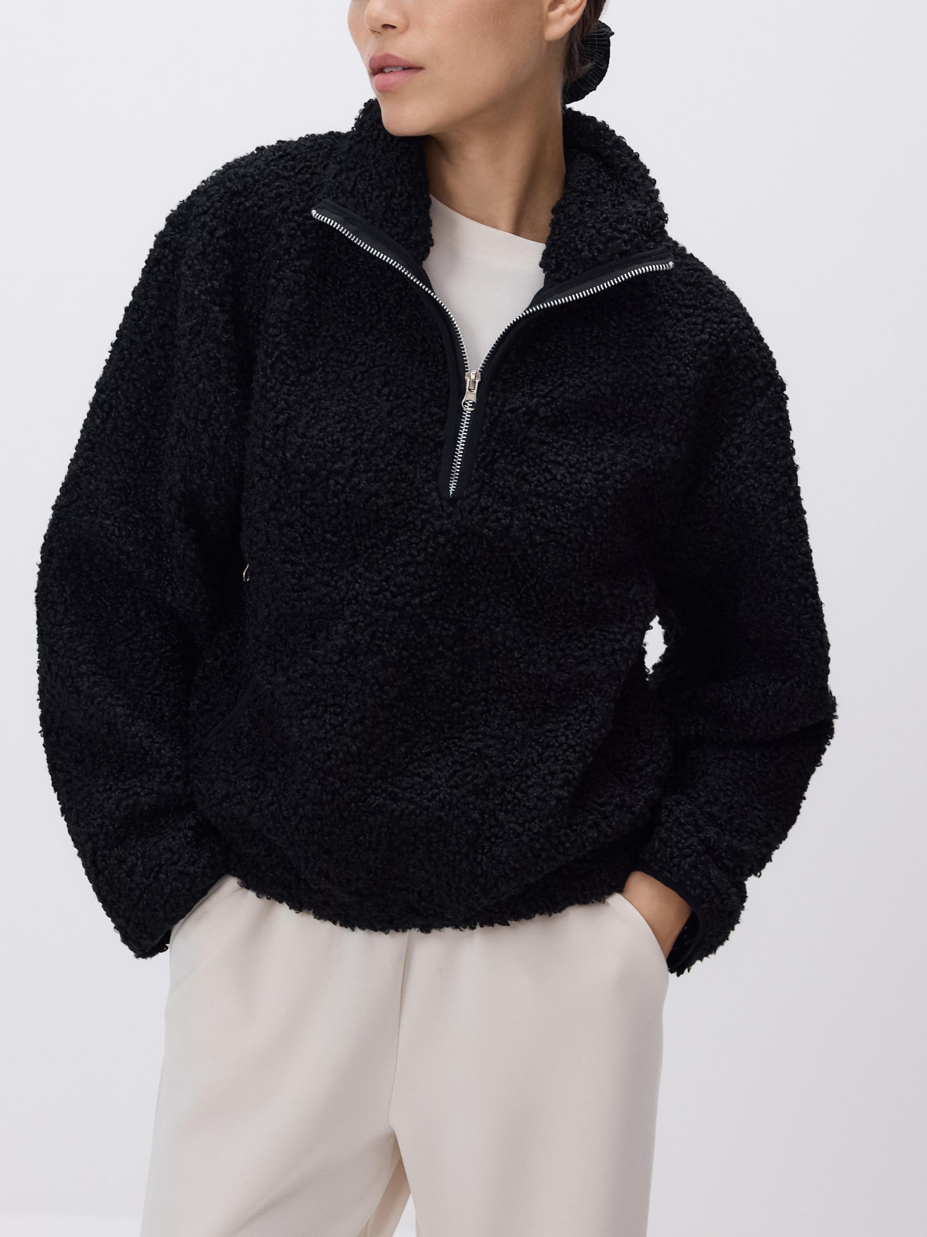 Black Faux Shearling Sweatshirt, Black, large image number 1