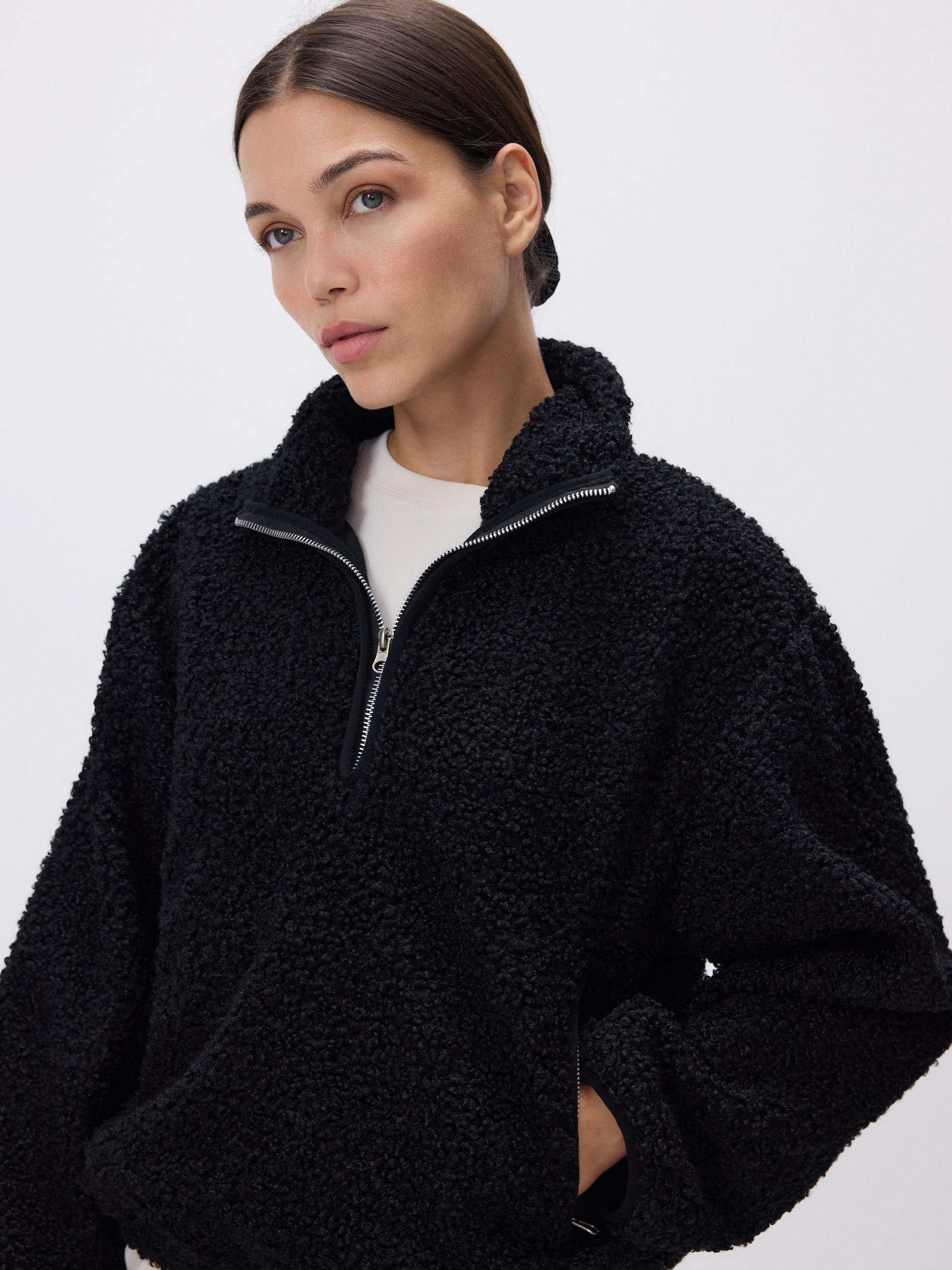 Black Faux Shearling Sweatshirt, Black, large image number 2
