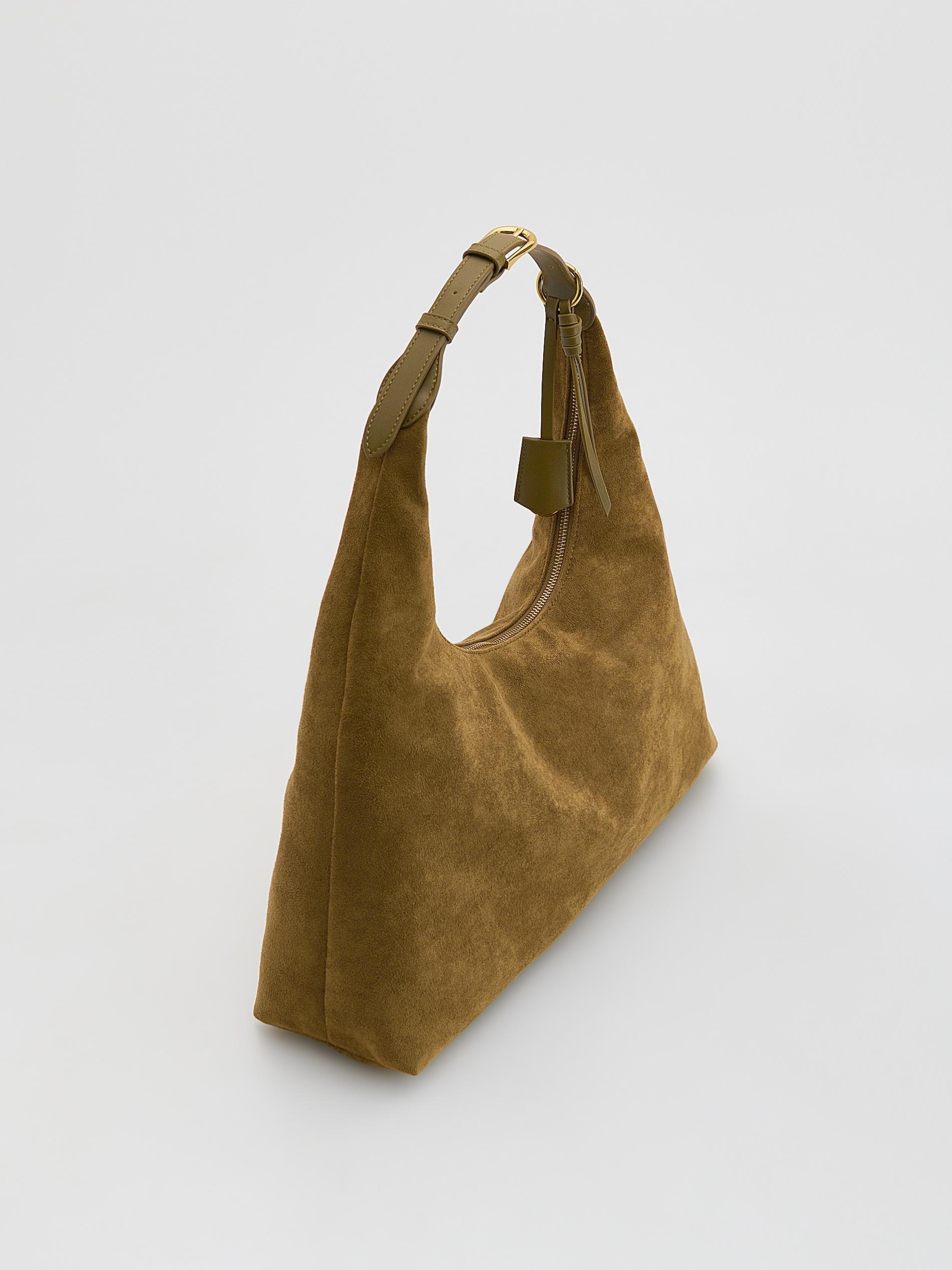 Green Faux Suede Hobo Bag, Khaki, medium