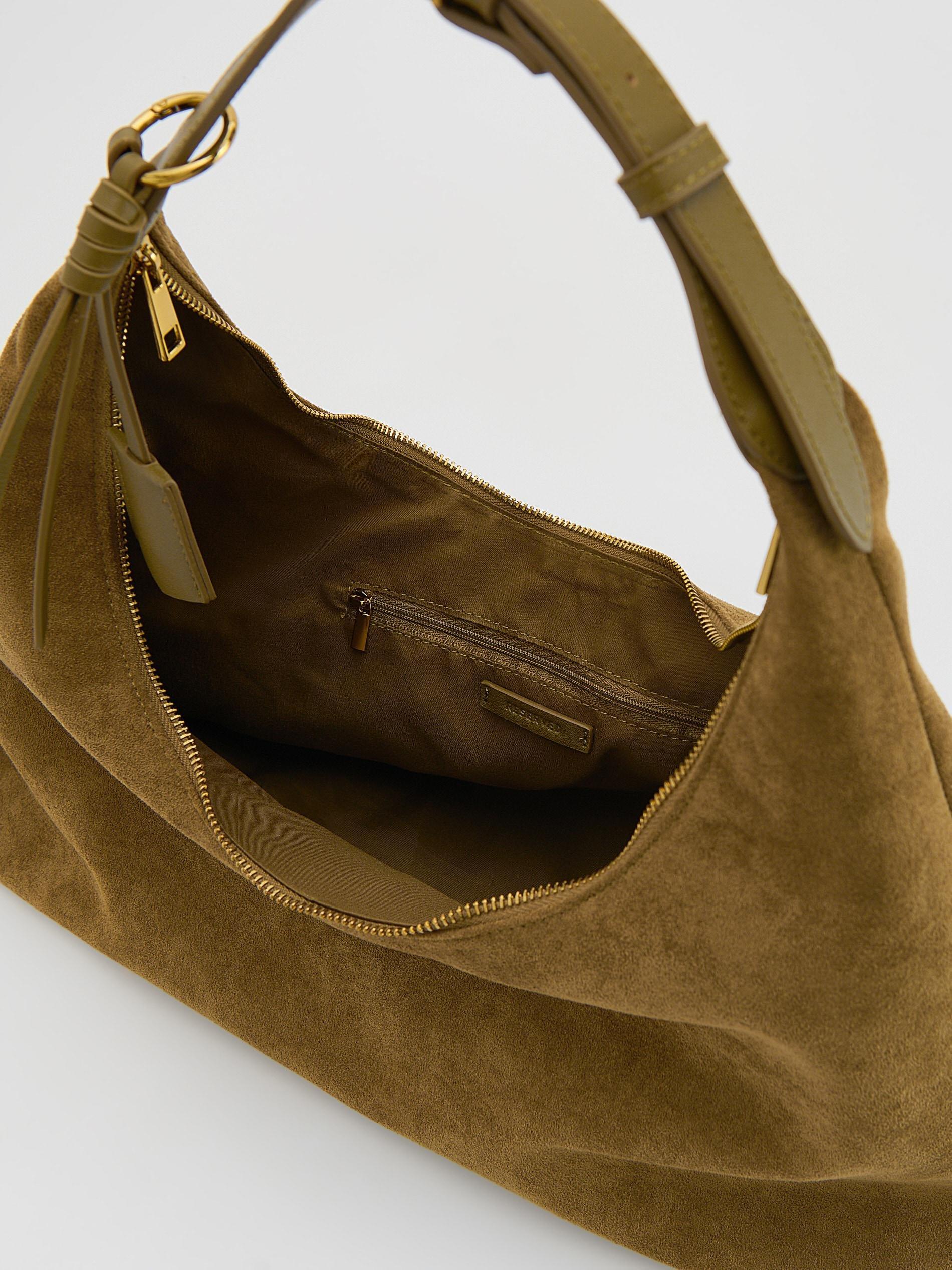 Green Faux Suede Hobo Bag, Khaki, medium