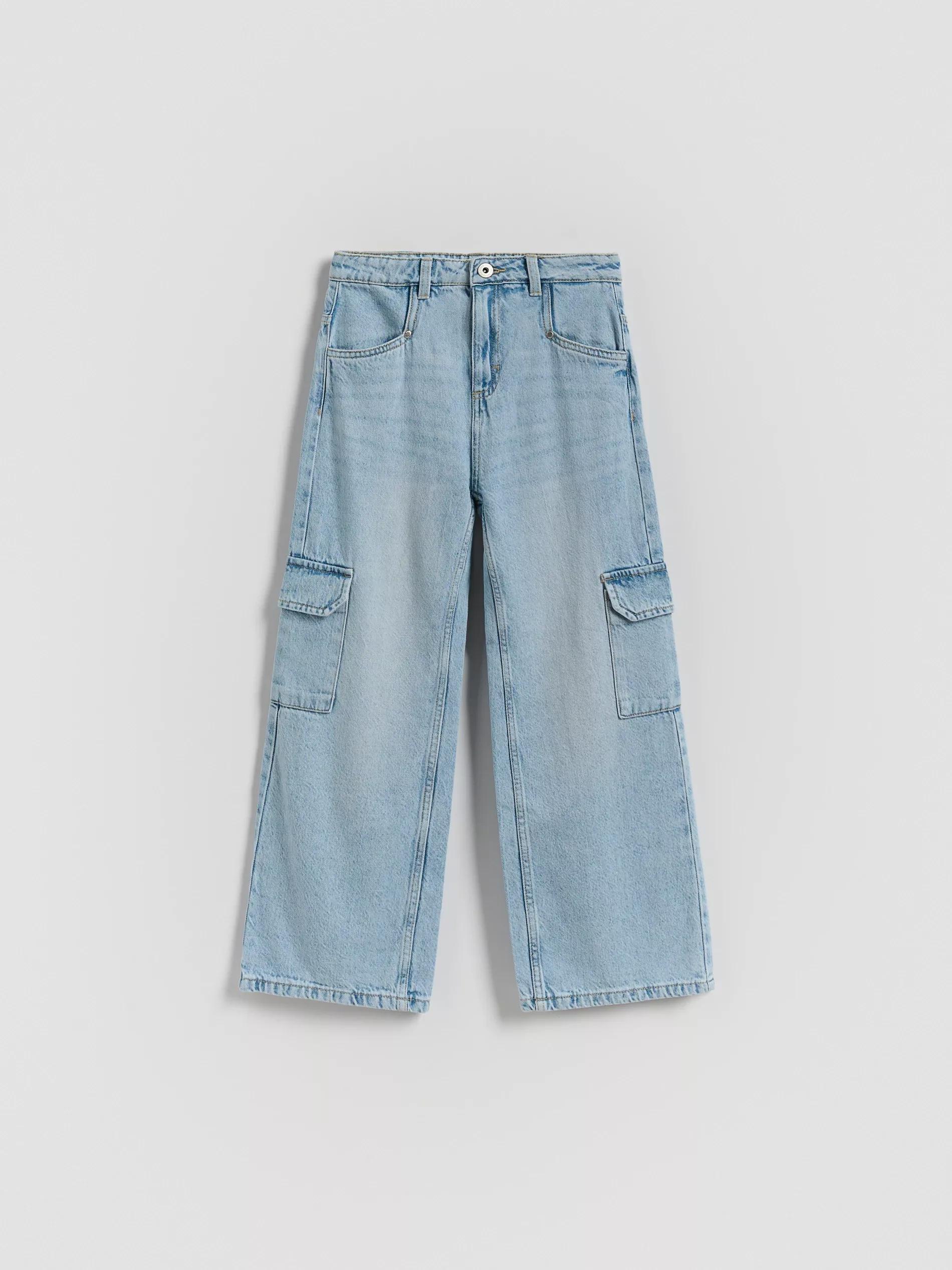 Blue Wide Leg Jeans With Cargo Pockets, Blue, large image number 0