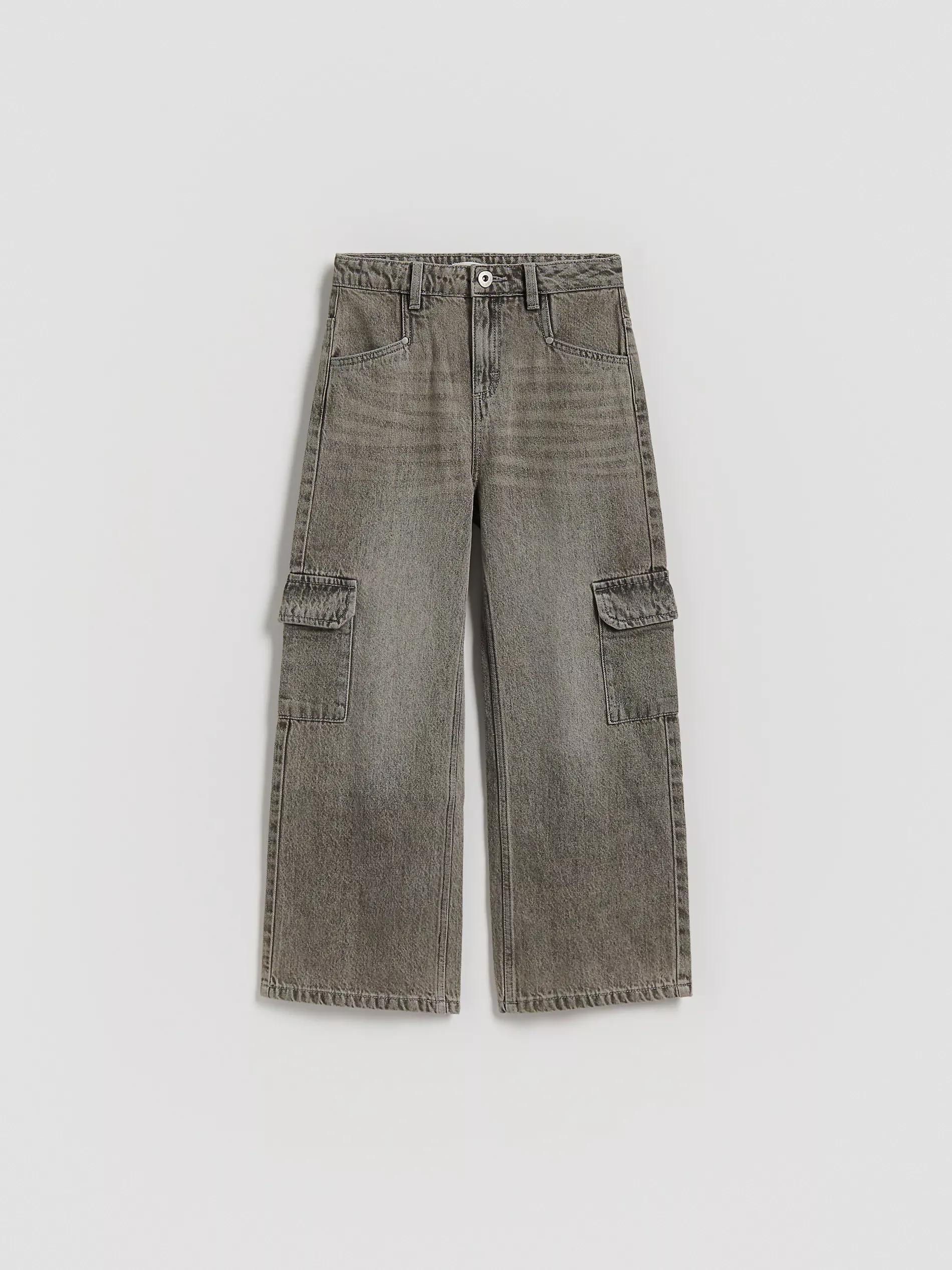 Grey Wide Leg Jeans With Cargo Pockets, Light grey, large image number 1
