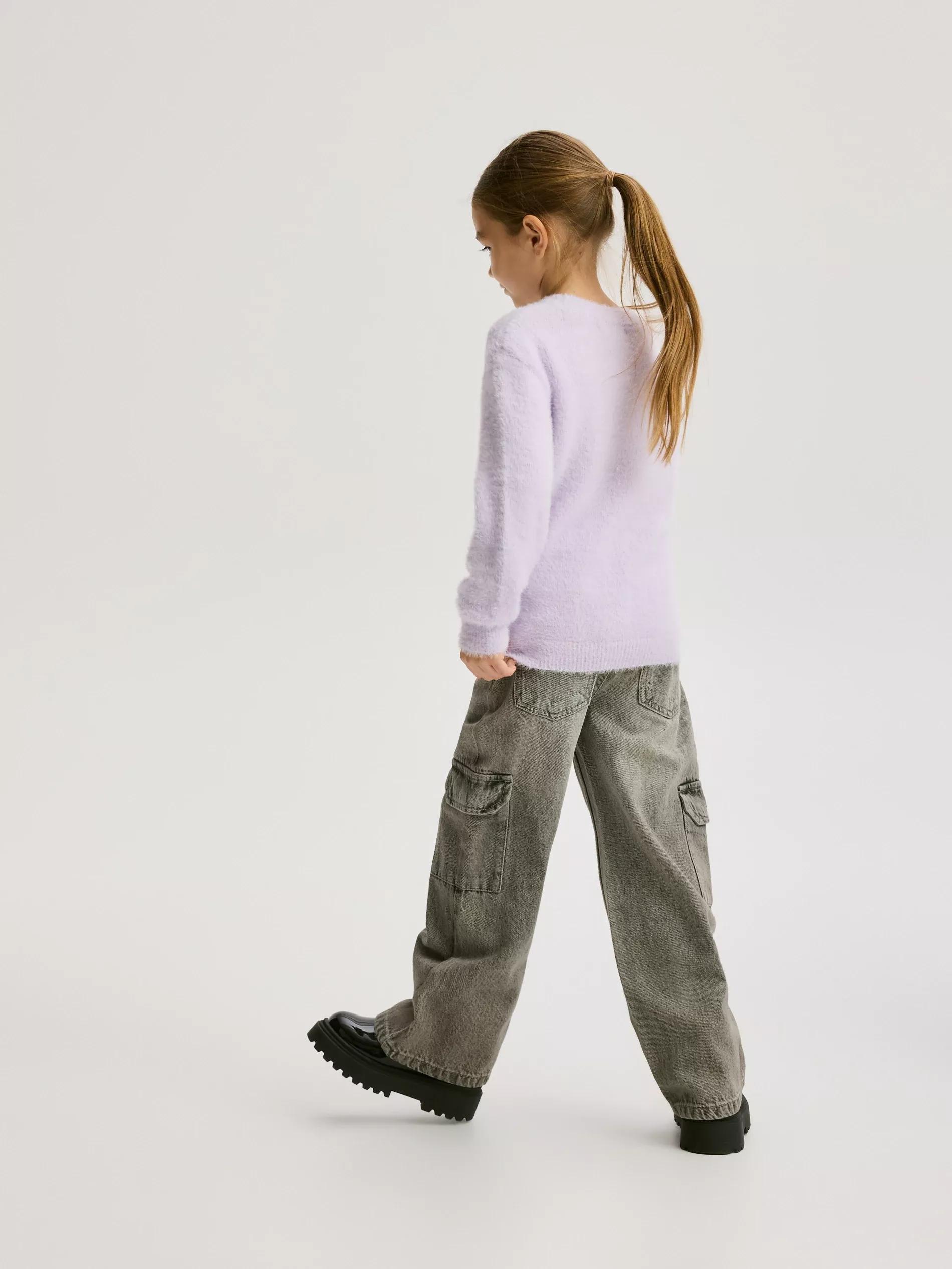 Grey Wide Leg Jeans With Cargo Pockets, Light grey, large image number 5