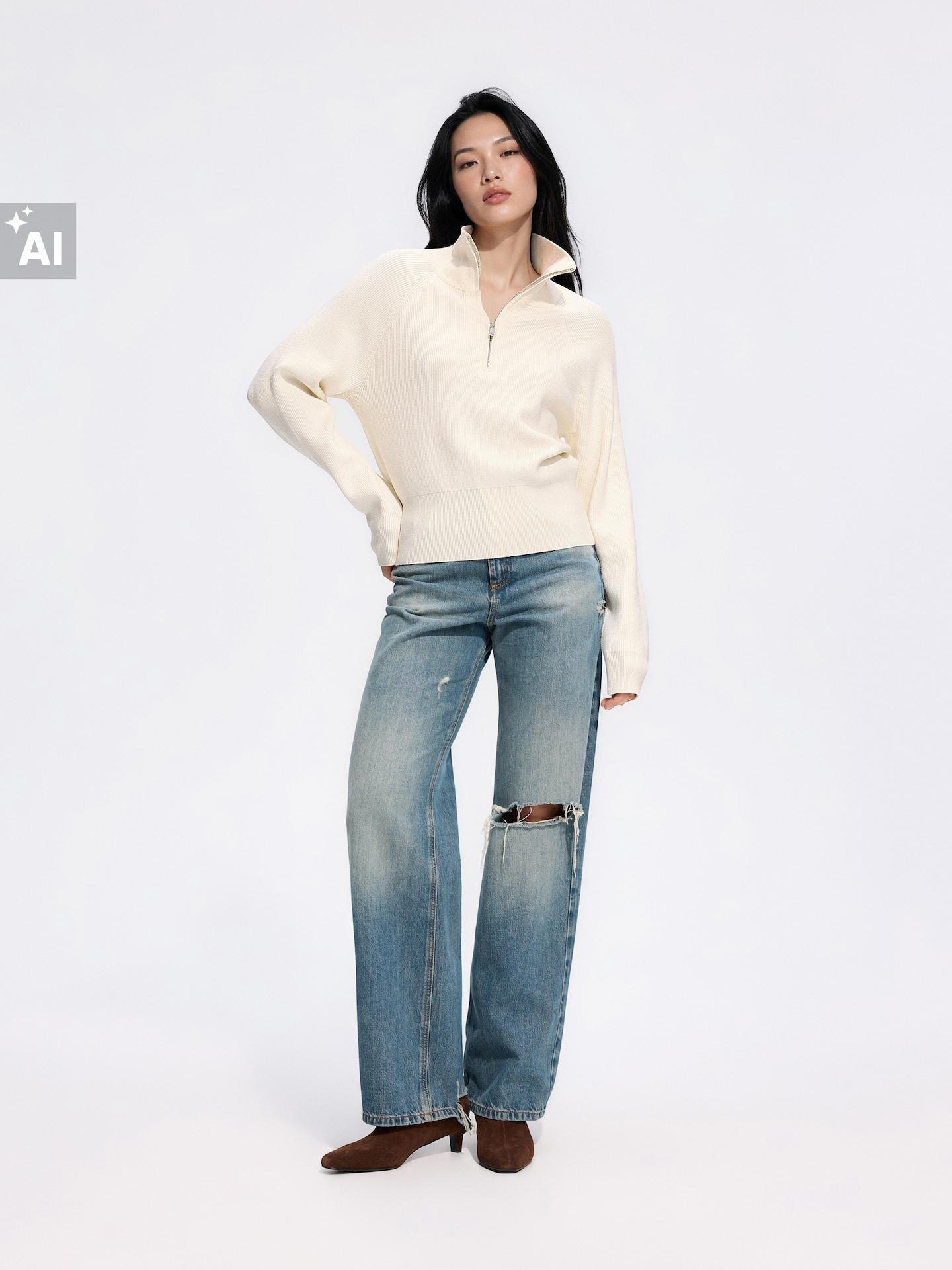 Beige Jumper With Zip Fastening, Ivory, large image number 1