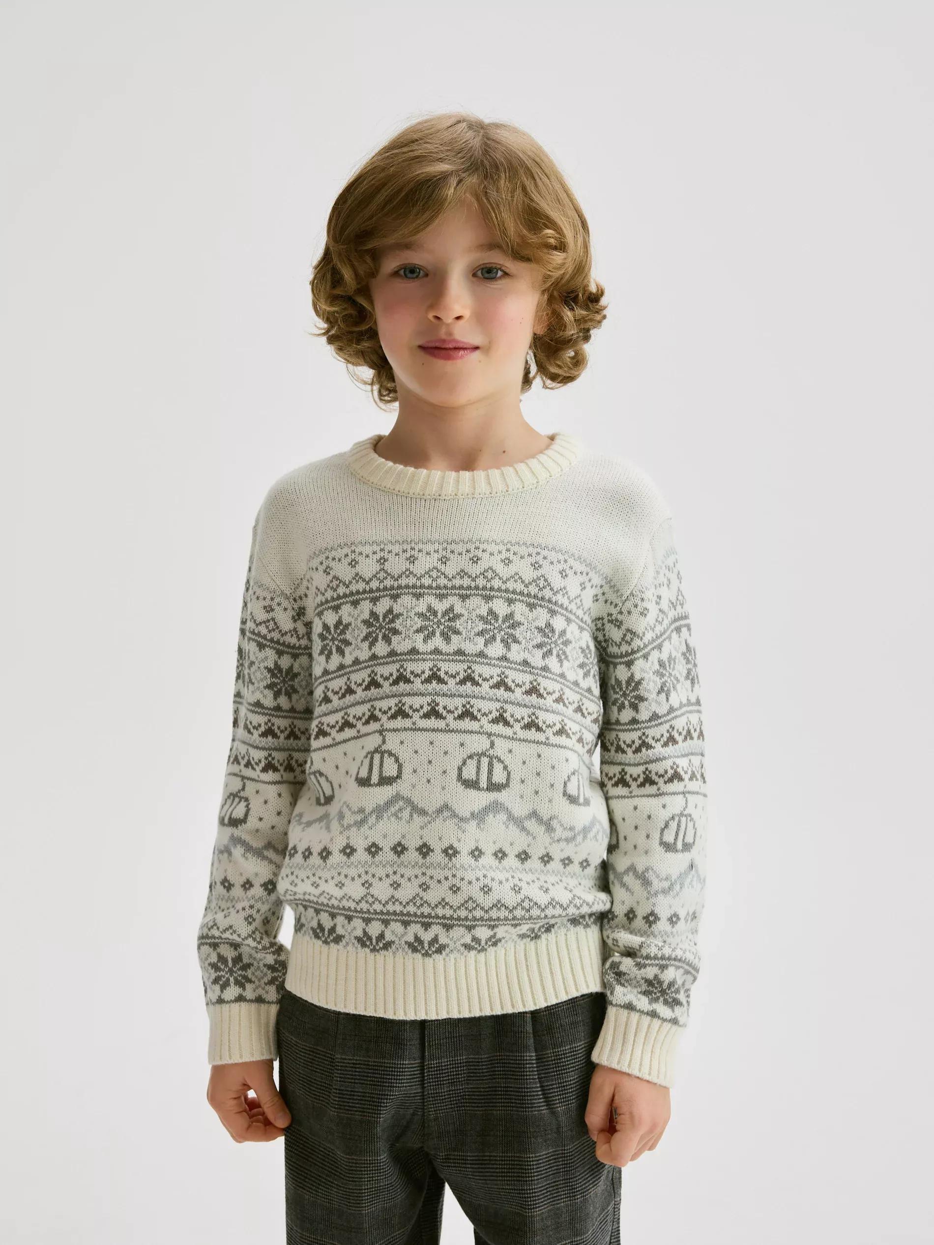 White Long Sleeve Patterned Jumper, Kids Boys, , large image number 0