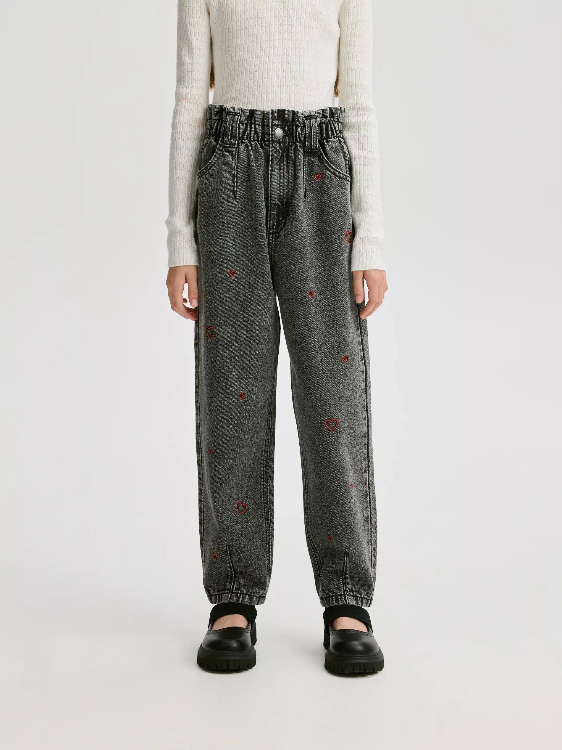 Grey Paperbag Jeans With Embroidery, Grey, large image number 1