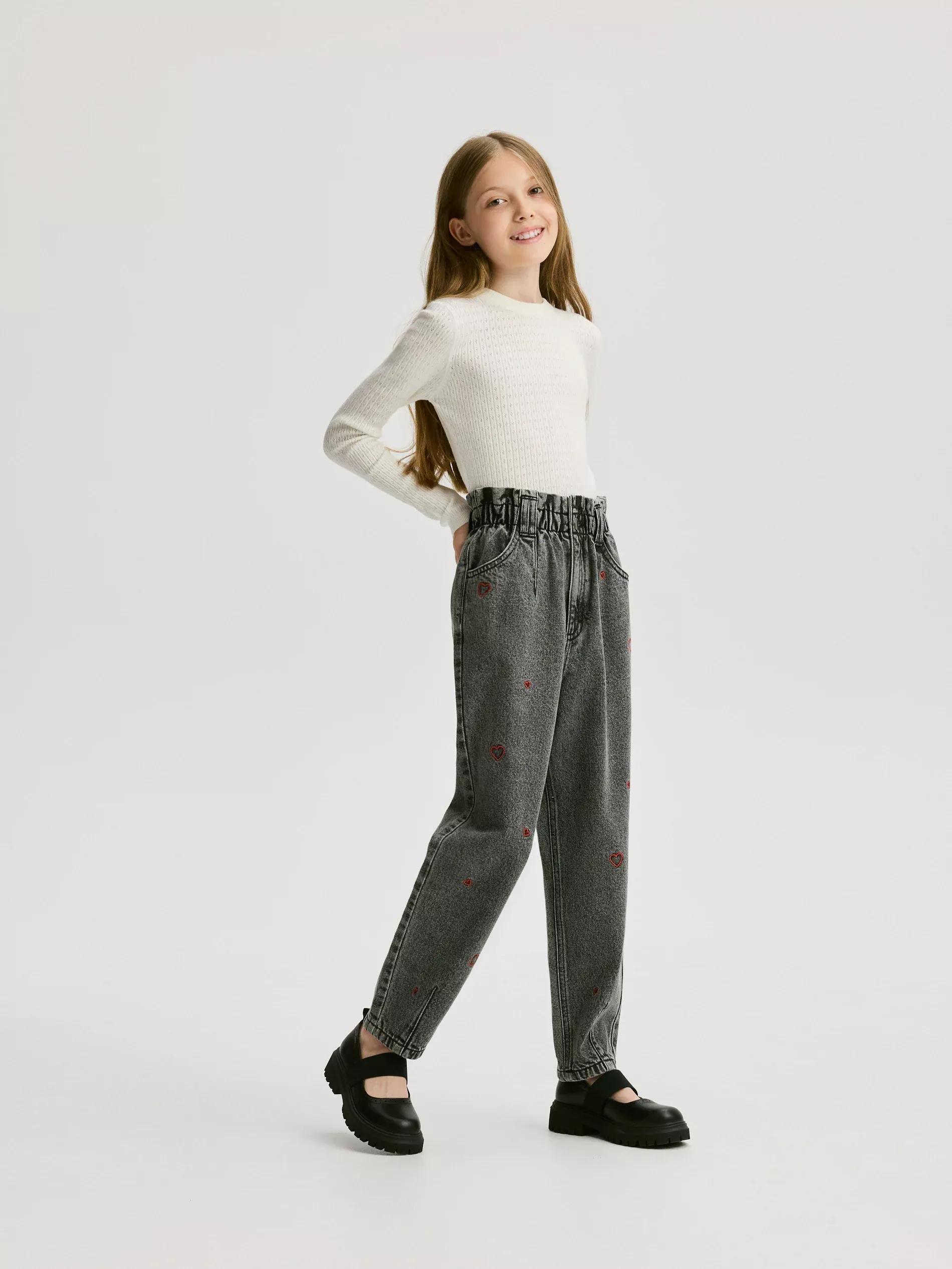 Grey Paperbag Jeans With Embroidery, Grey, large image number 3