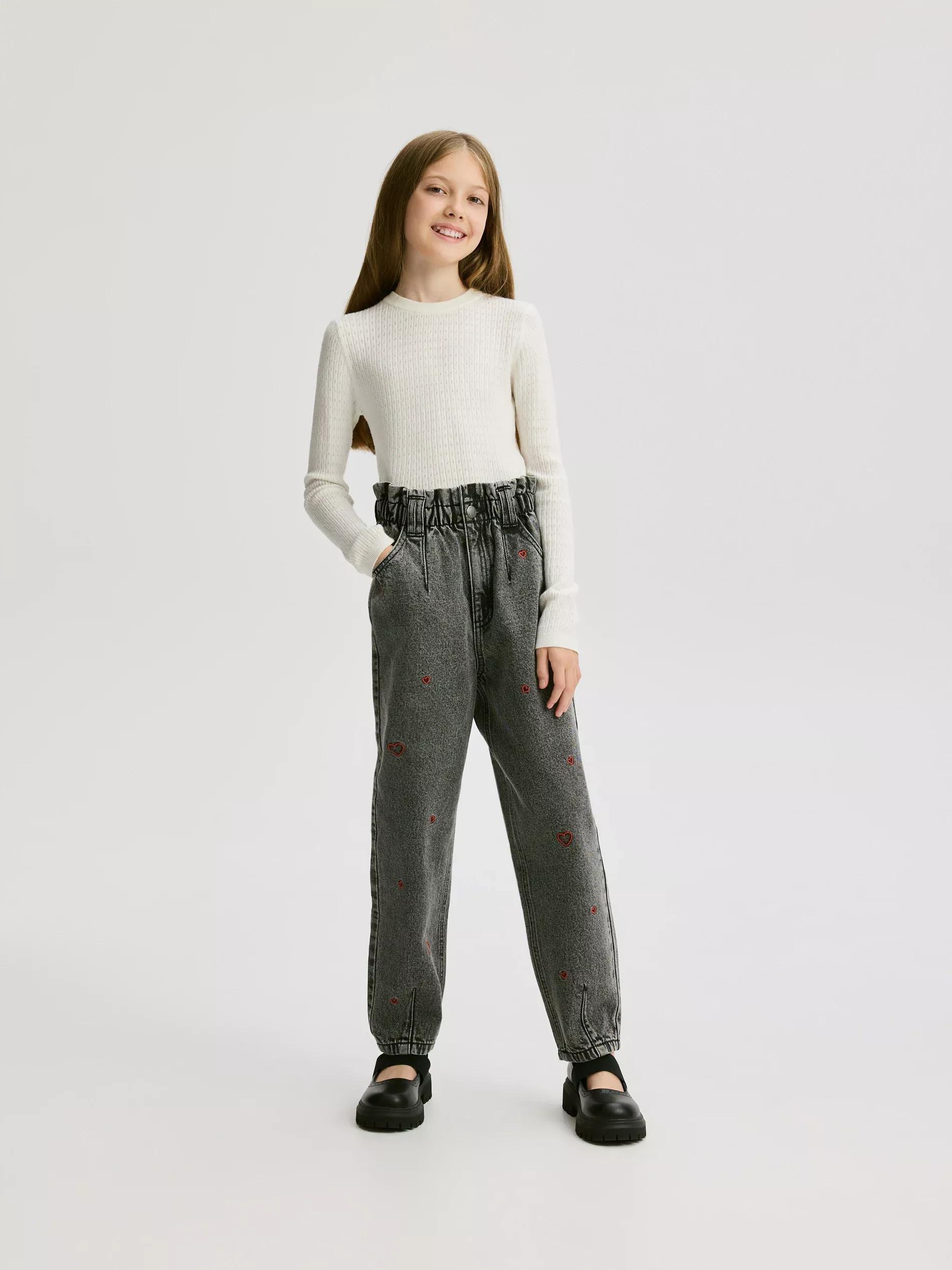 Grey Paperbag Jeans With Embroidery, Grey, large image number 4