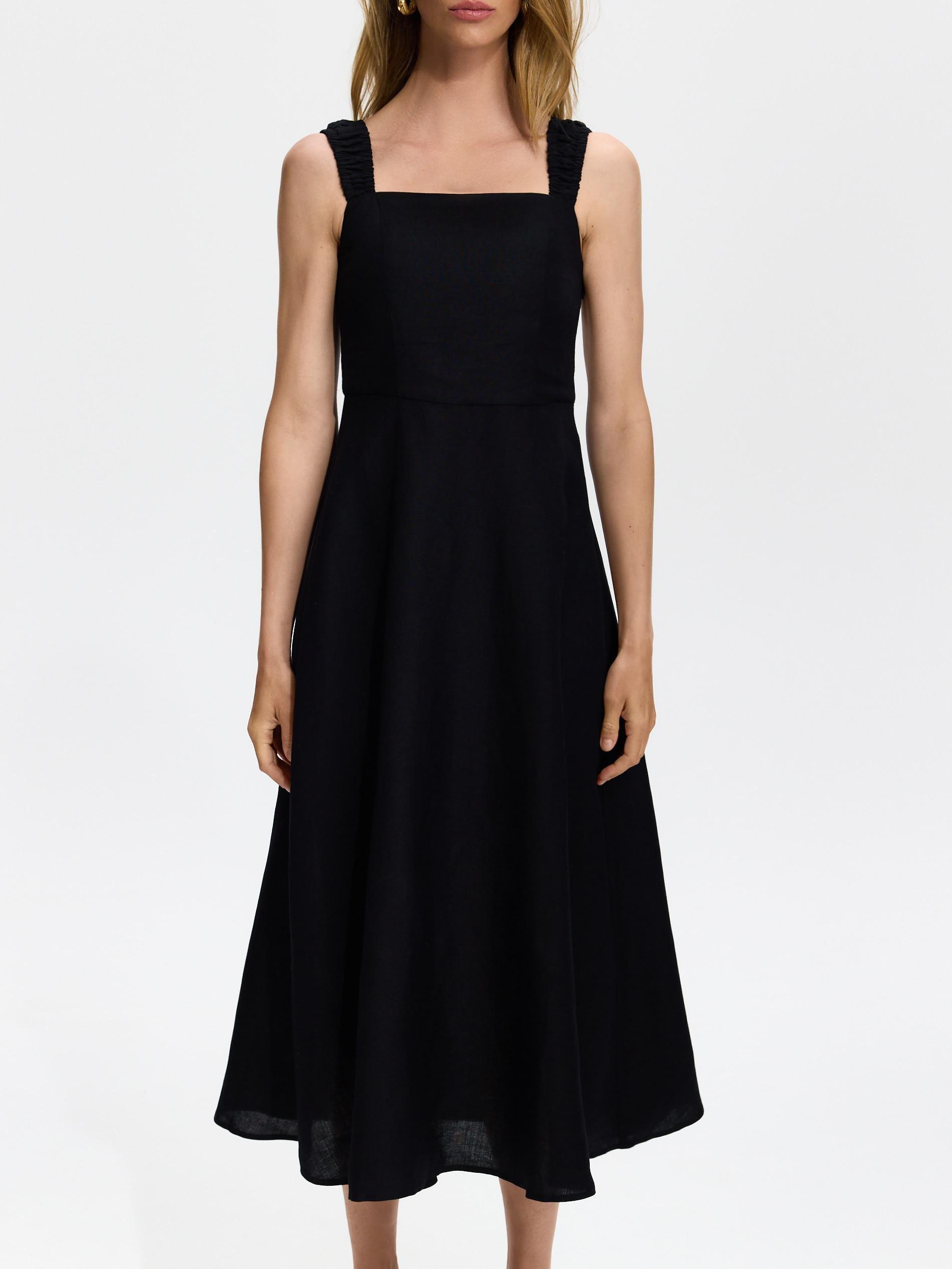 Black Linen Blend Midi Dress, Black, large image number 0