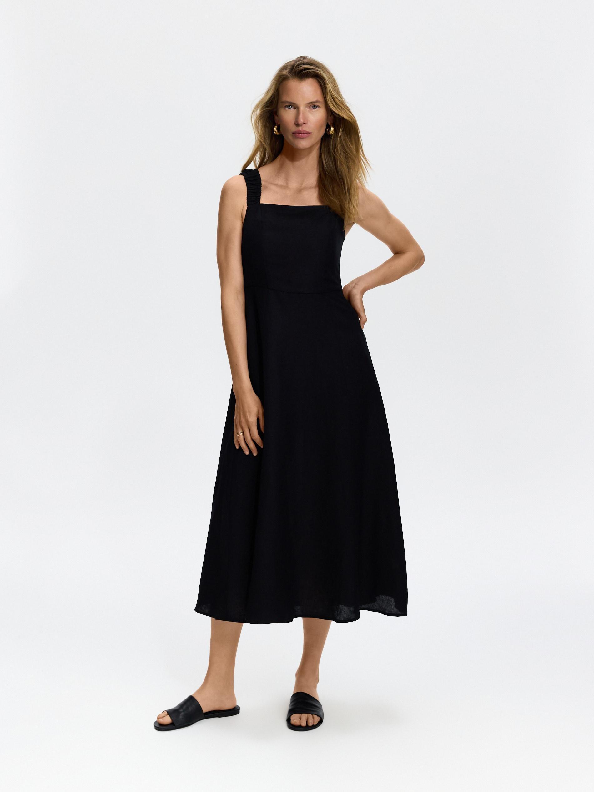 Black Linen Blend Midi Dress, Black, large image number 1