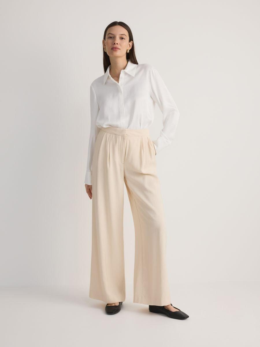 Cream Wide-Leg Pleated Trousers, , large image number 0