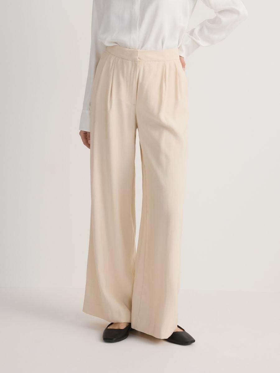 Cream Wide-Leg Pleated Trousers, , large image number 1