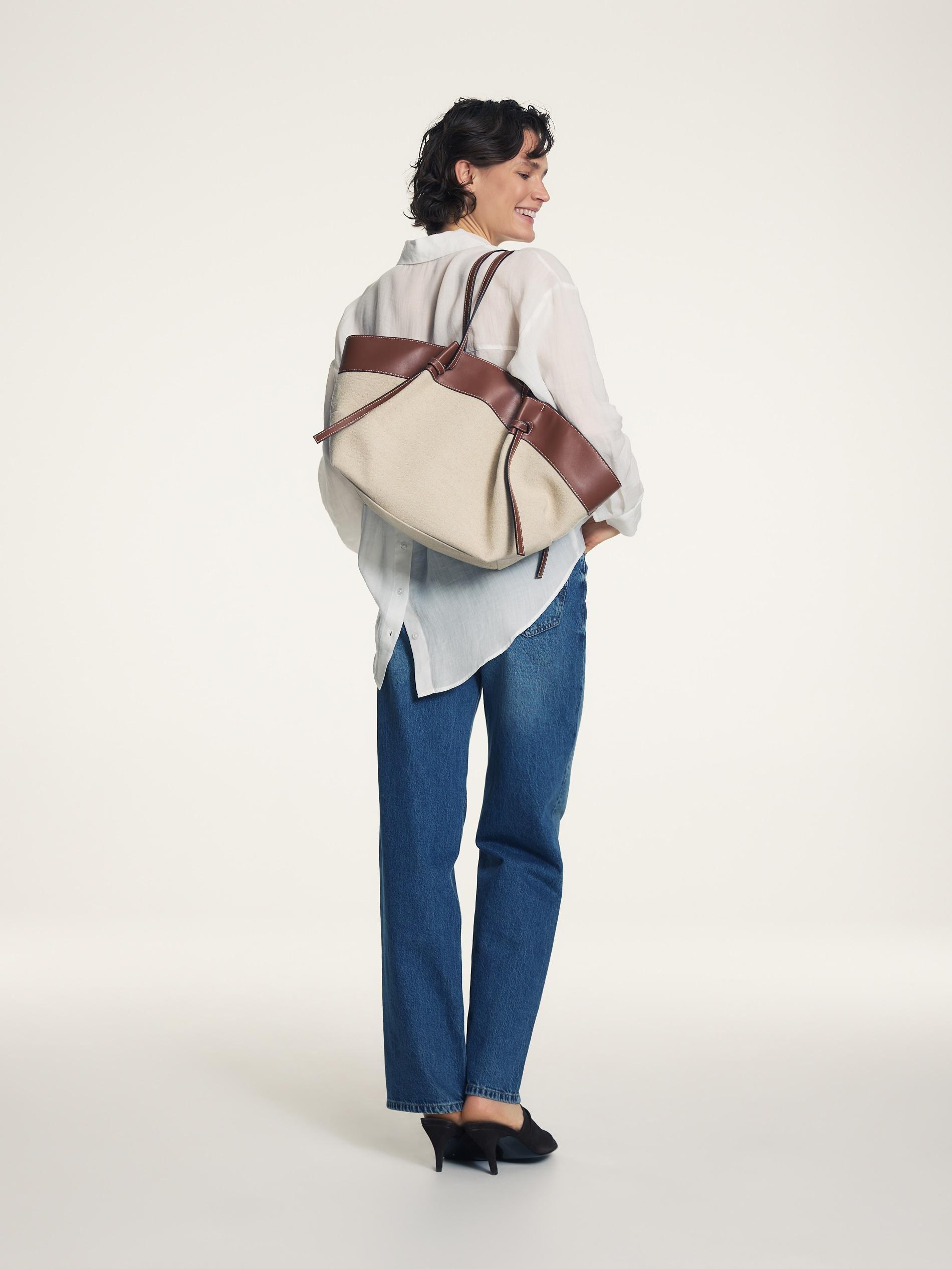 Brown Linen Blend Shopper Bag, Brown, medium