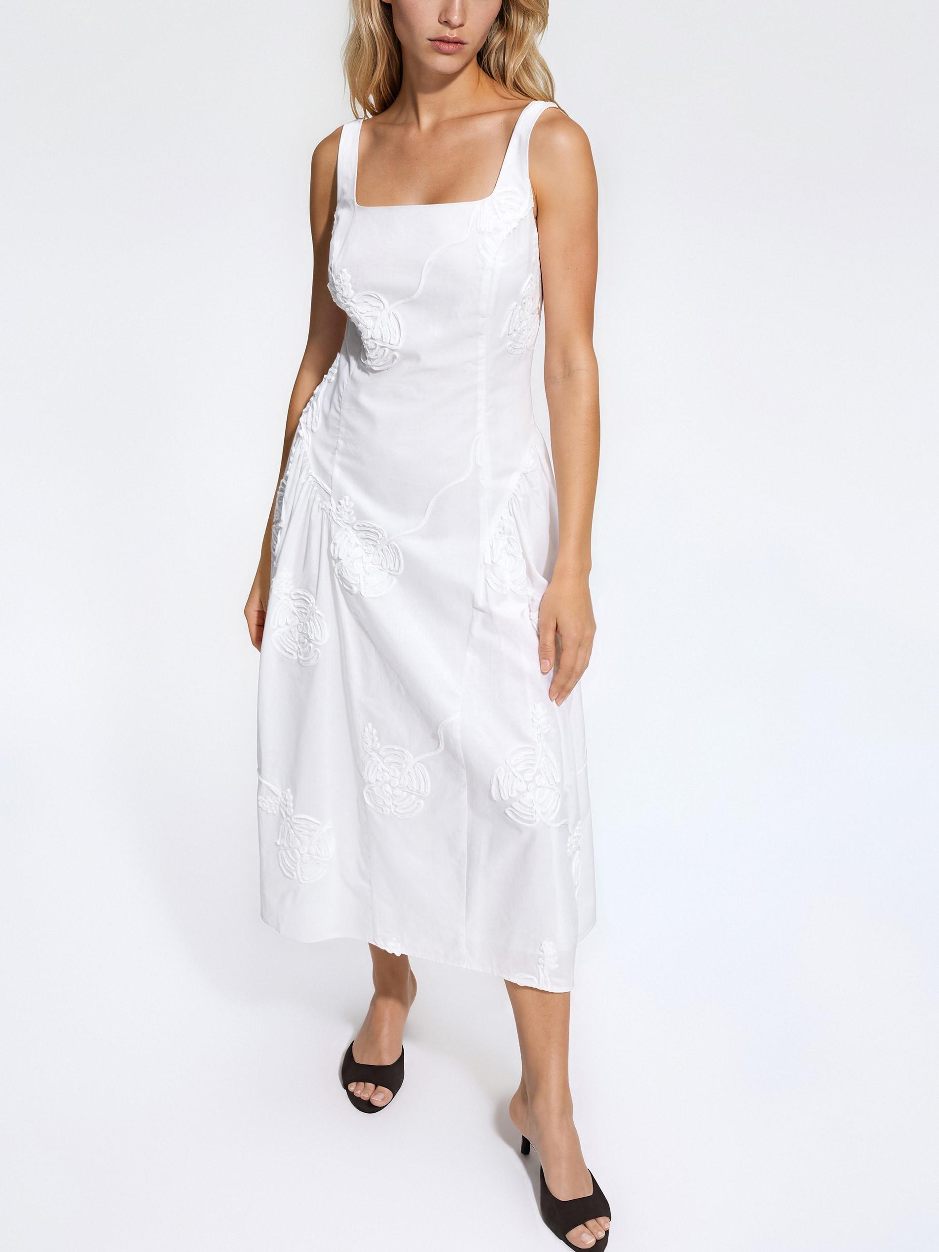 White Cotton Midi Dress, White, large image number 0