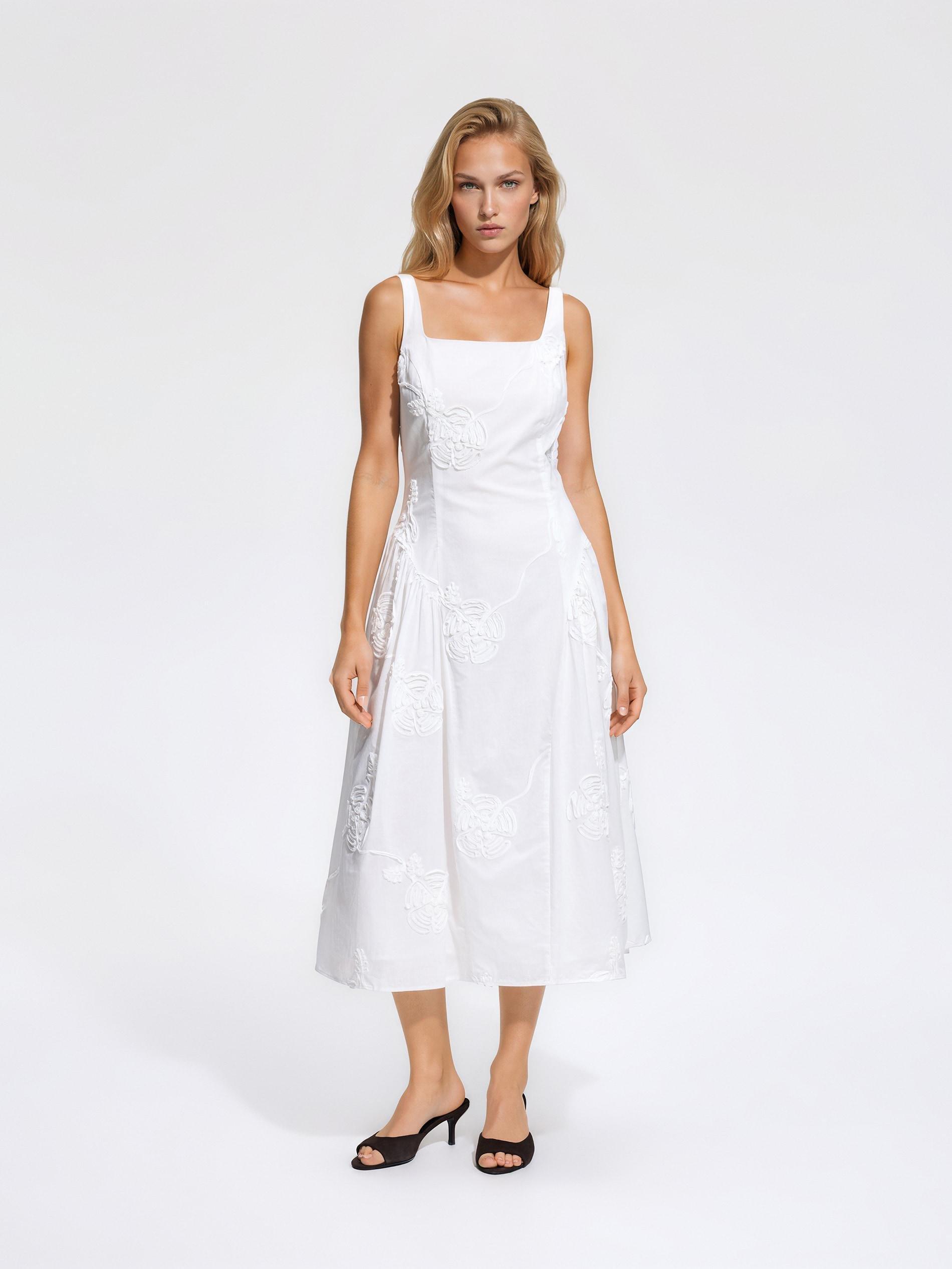 White Cotton Midi Dress, White, large image number 2