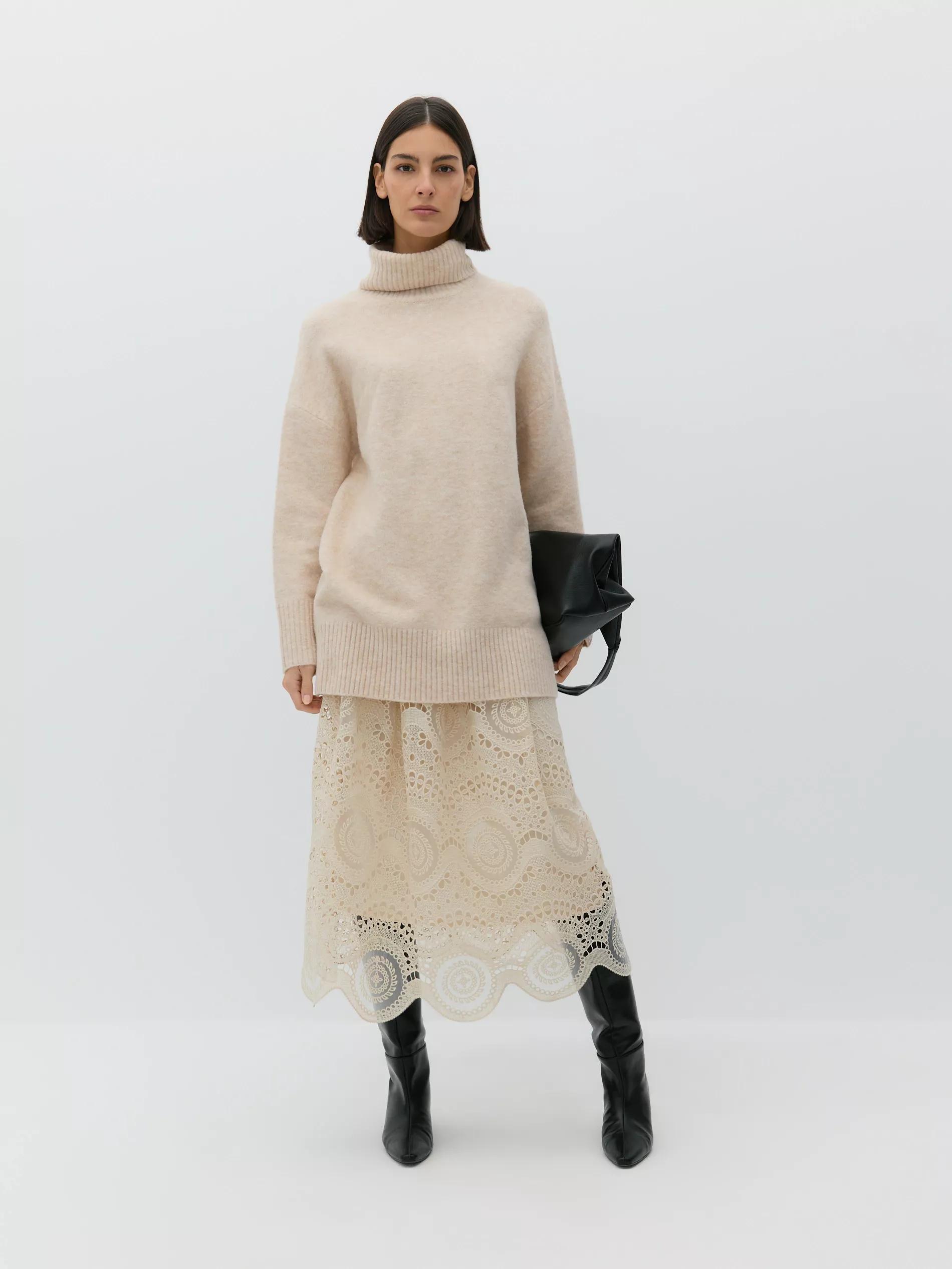 Cream Laced Midi Skirt, , large image number 0