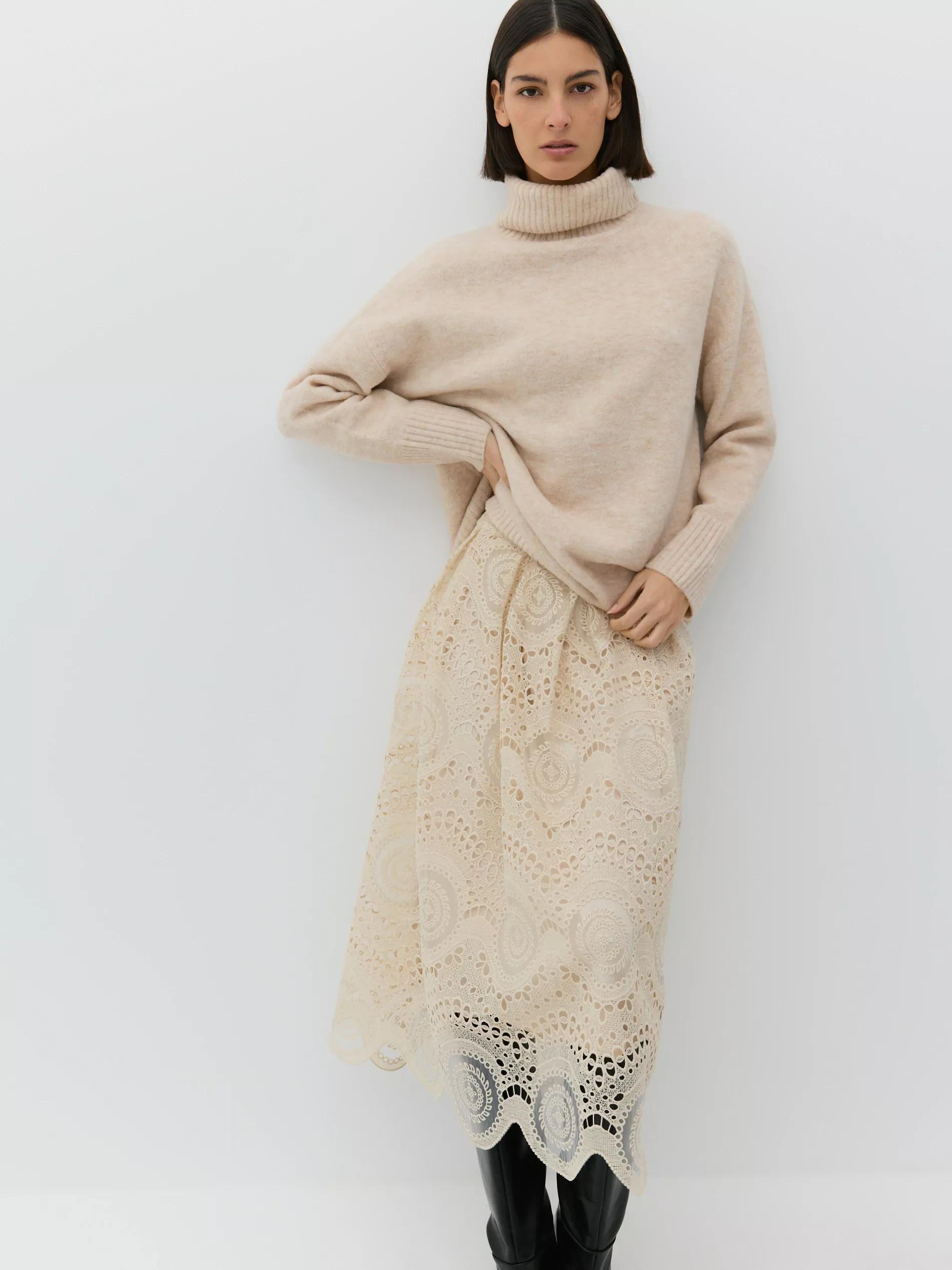 Cream Laced Midi Skirt, , large image number 1