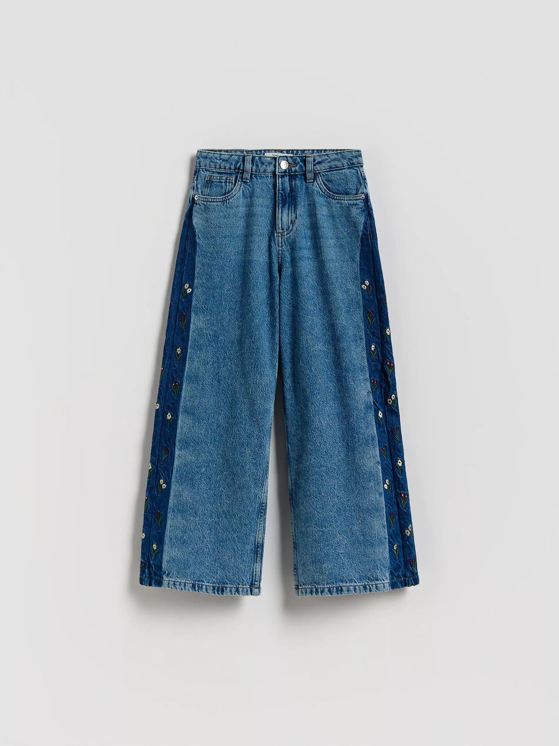 Blue Wide Leg Jeans With Embroidery Detailing, Blue, large image number 0