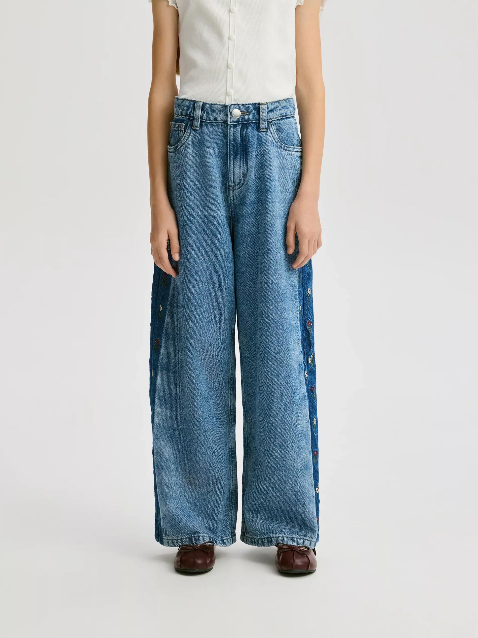 Blue Wide Leg Jeans With Embroidery Detailing, Blue, large image number 1