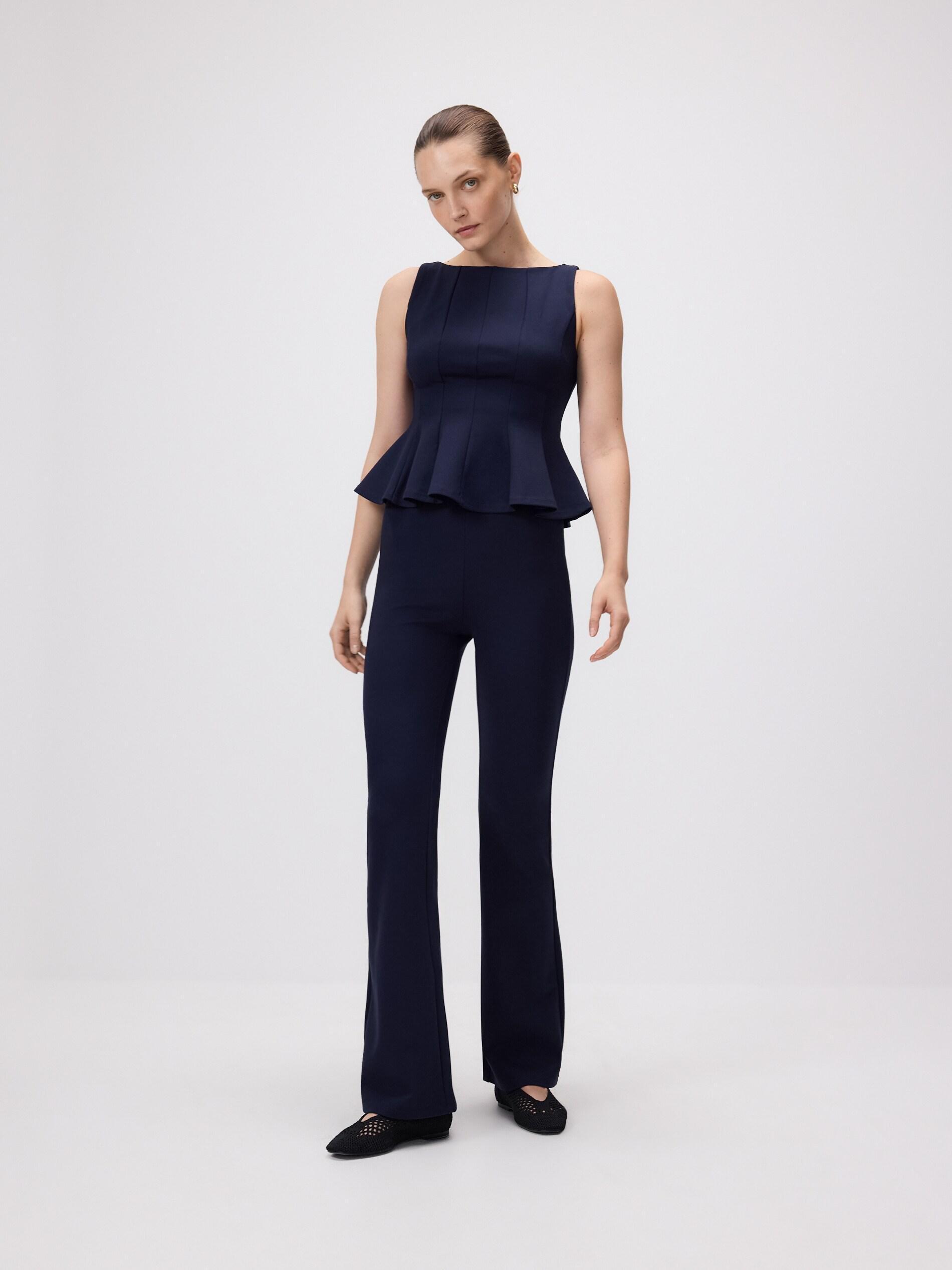 Navy Viscose Blend Flare Trousers, Navy, medium