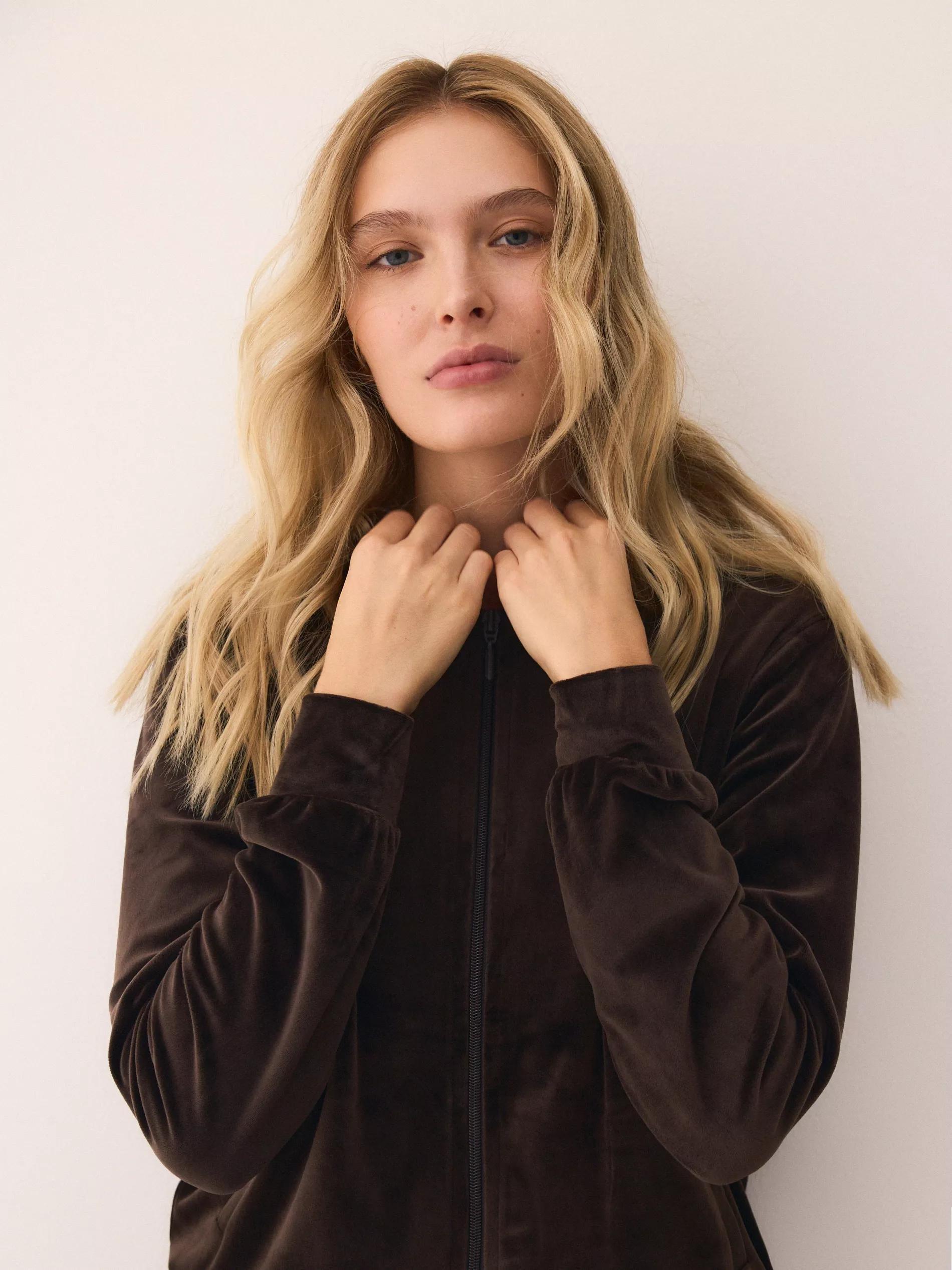 Brown Velvet Hoodie, Brown, large image number 0