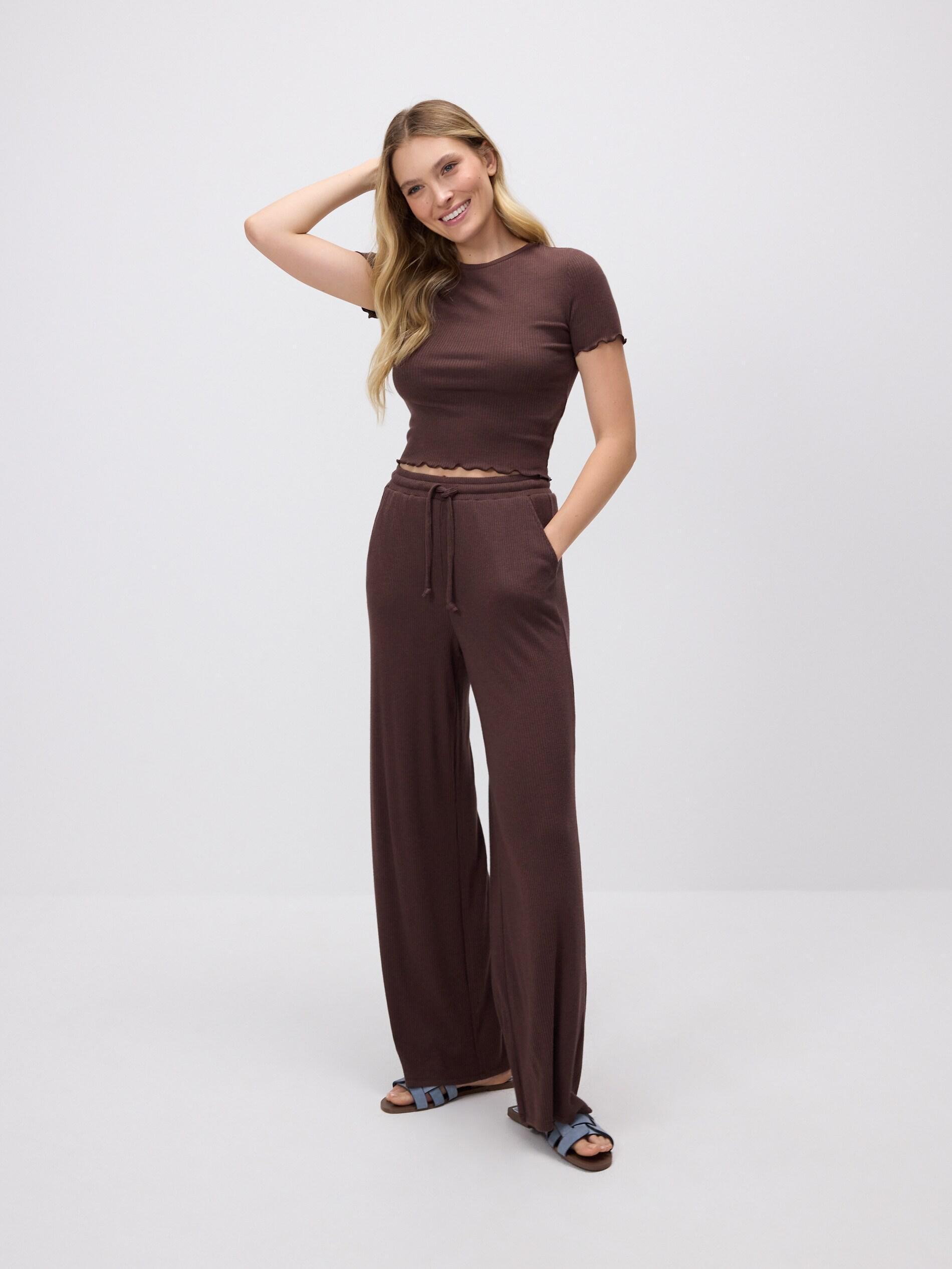 DARK BROWN Structural fabric trousers, Brown, large image number 1