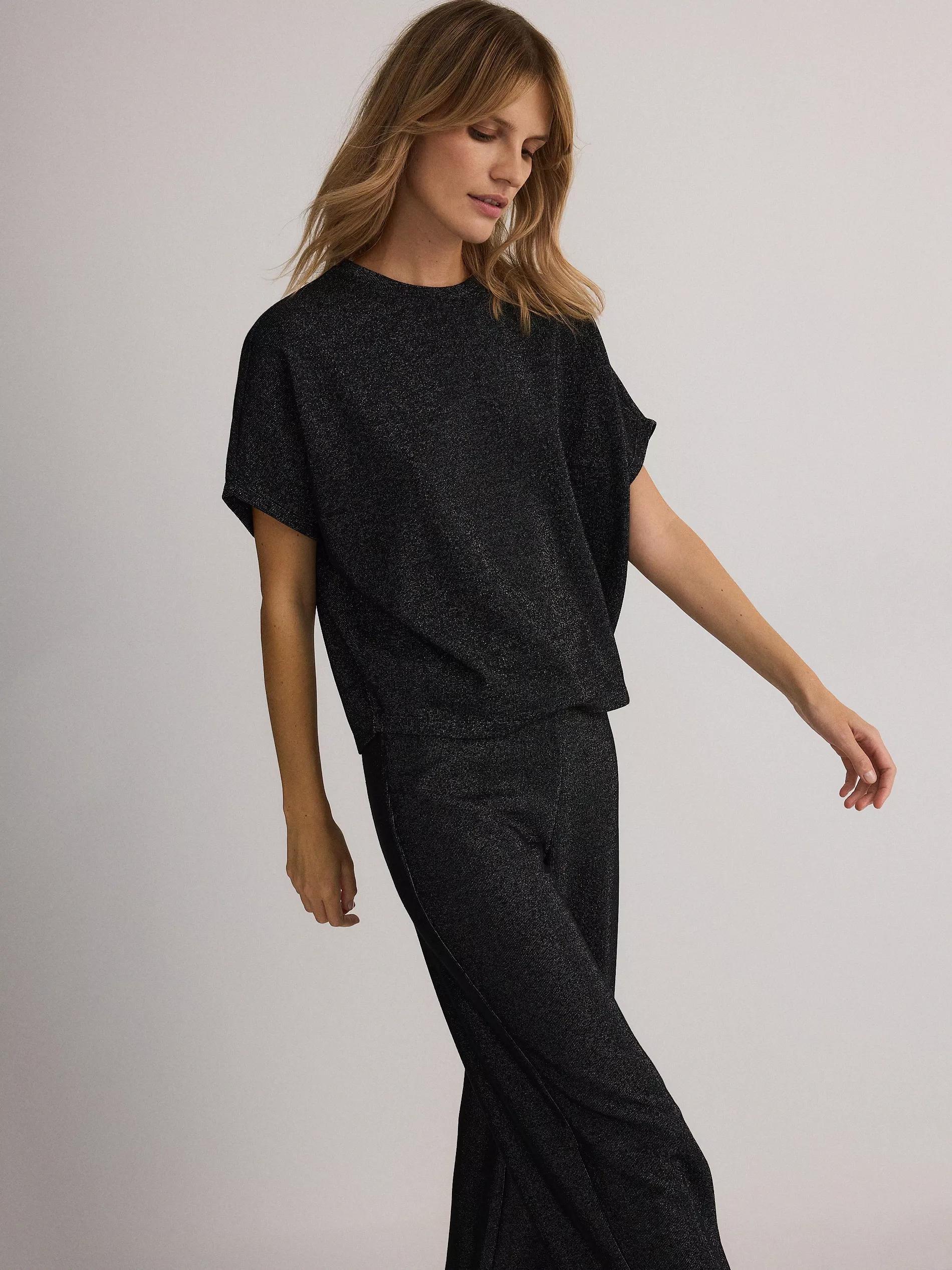 BLACK Wide leg trousers with metallised yarn blend, , large image number 1