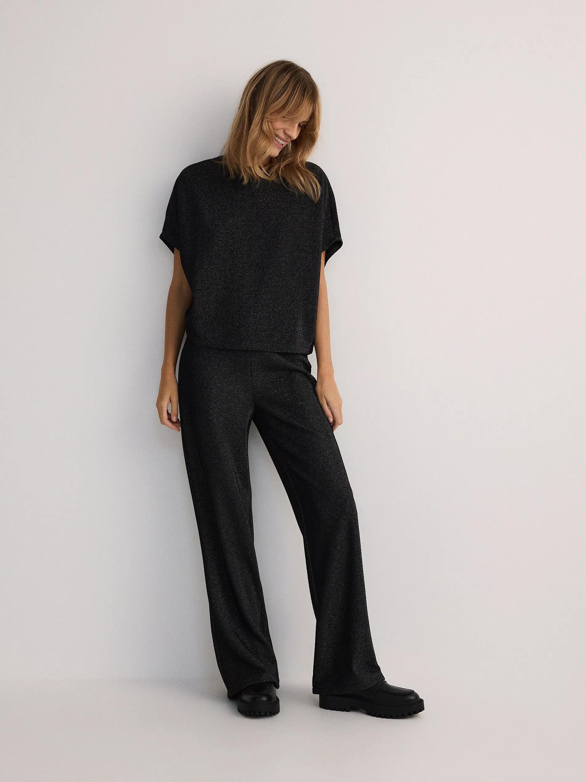 BLACK Wide leg trousers with metallised yarn blend, , large image number 3