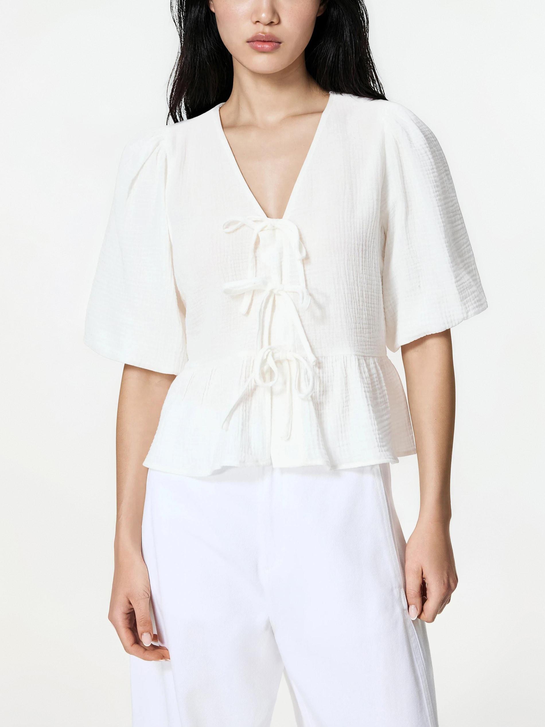 White Muslin Tie Blouse, White, large image number 0