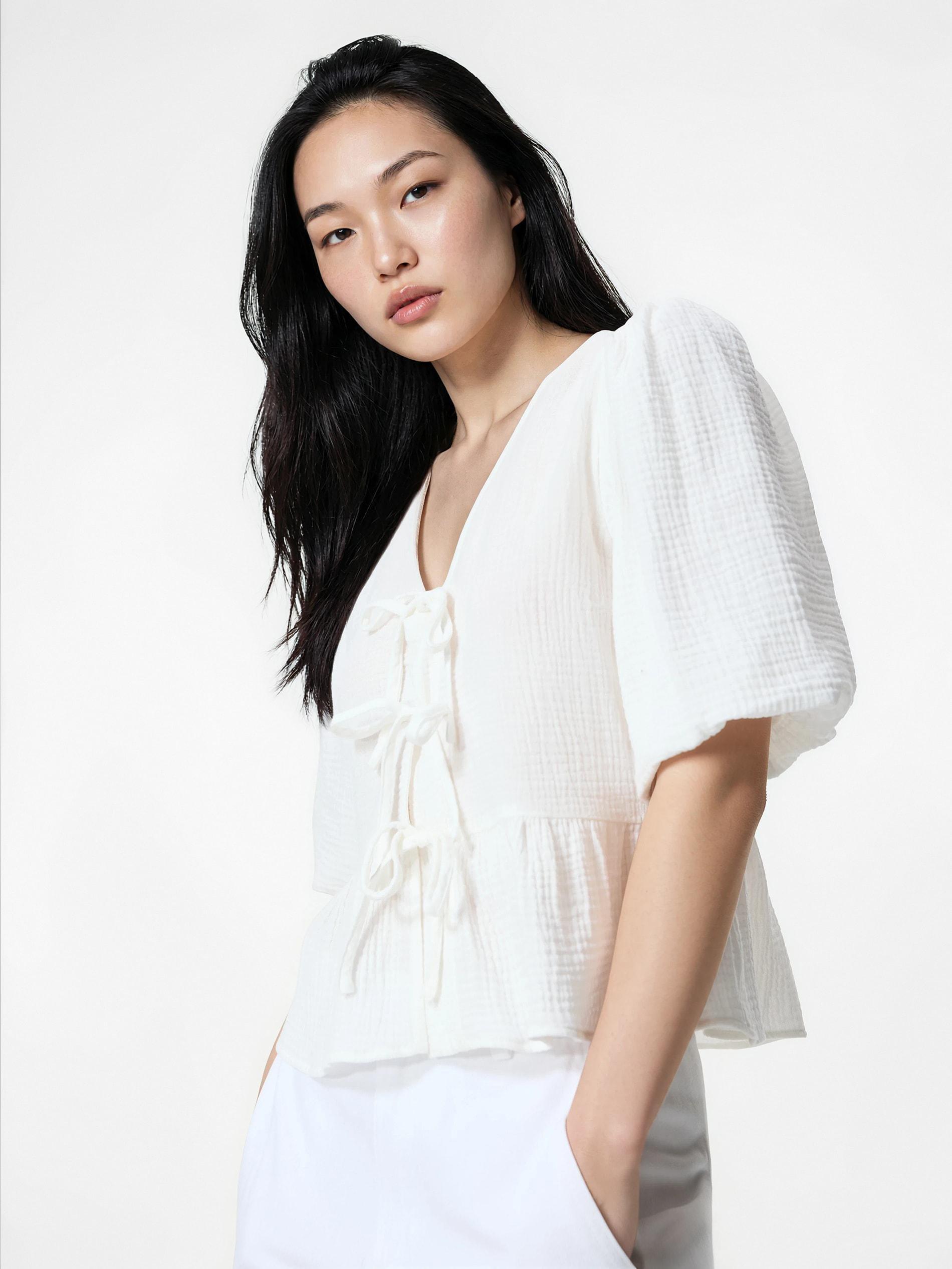 White Muslin Tie Blouse, White, large image number 1