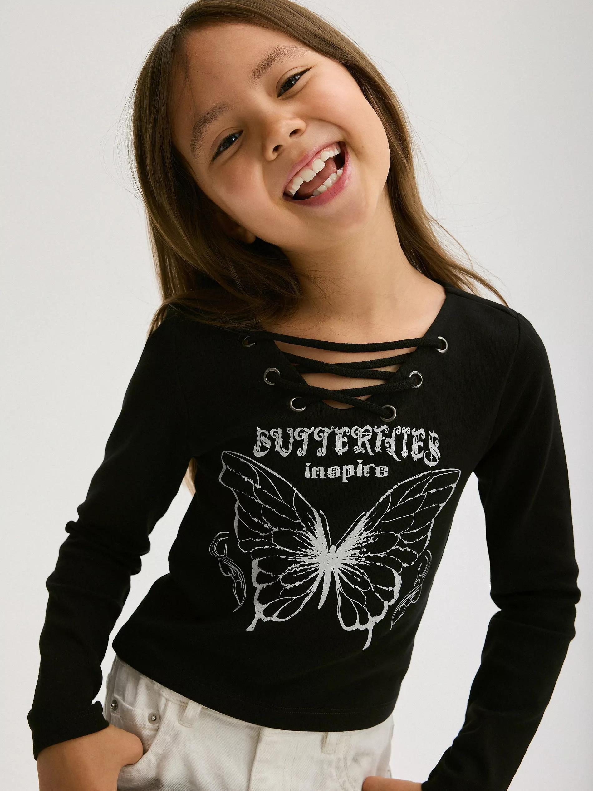 Black Long Sleeve Printed T-Shirt, Kids Girls, , large image number 0
