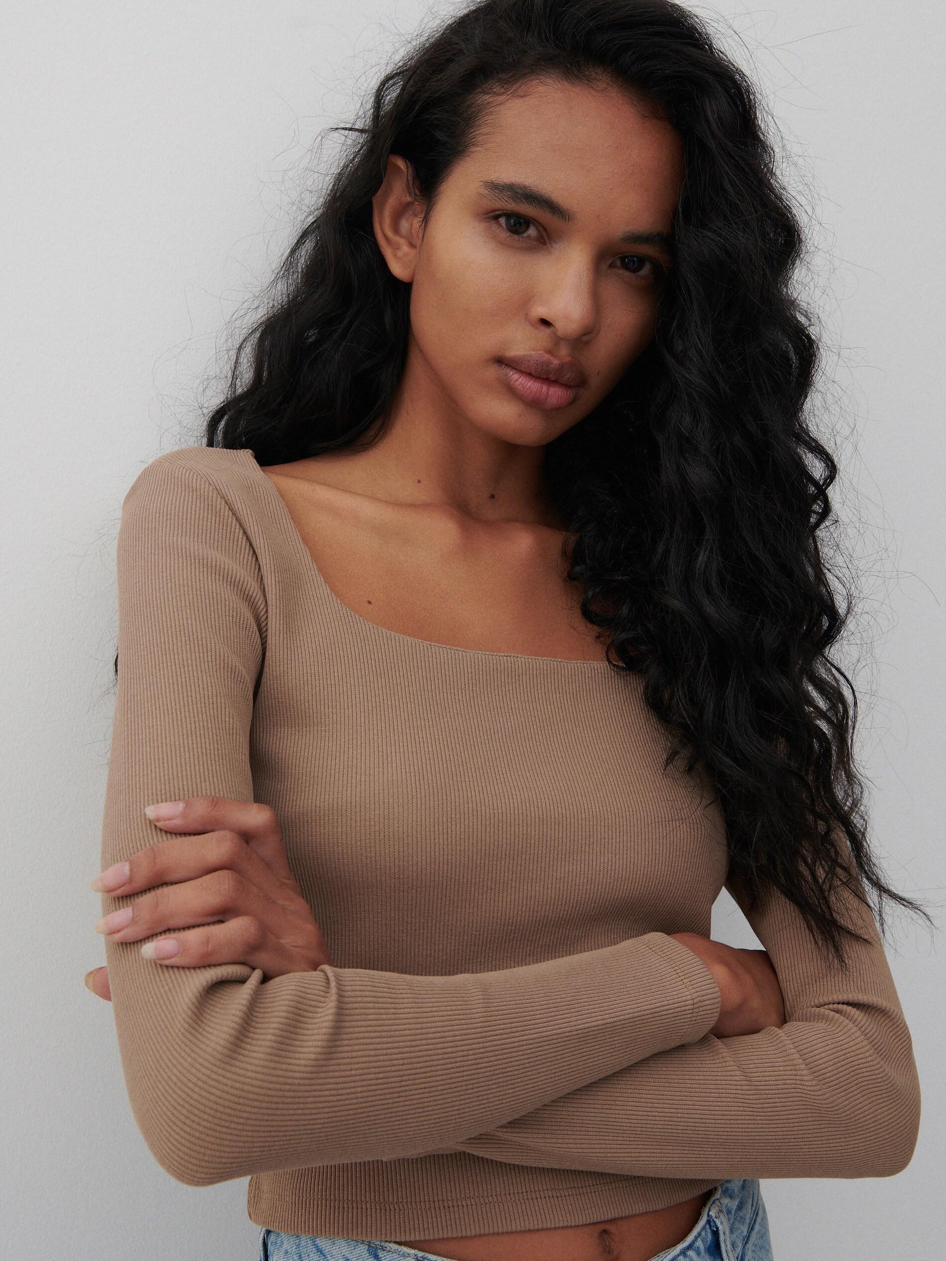 Coffee Ribbed Blouse, Women, , large image number 1