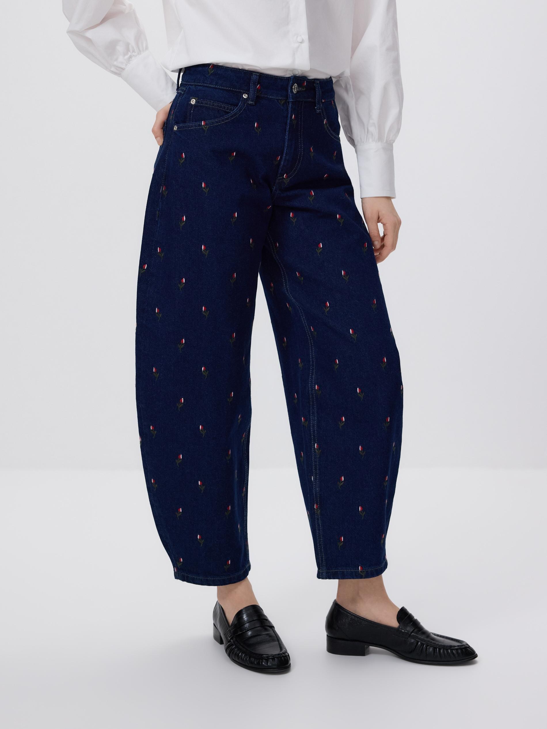 Navy Barrel Leg Jeans With Embroidery, Navy, medium