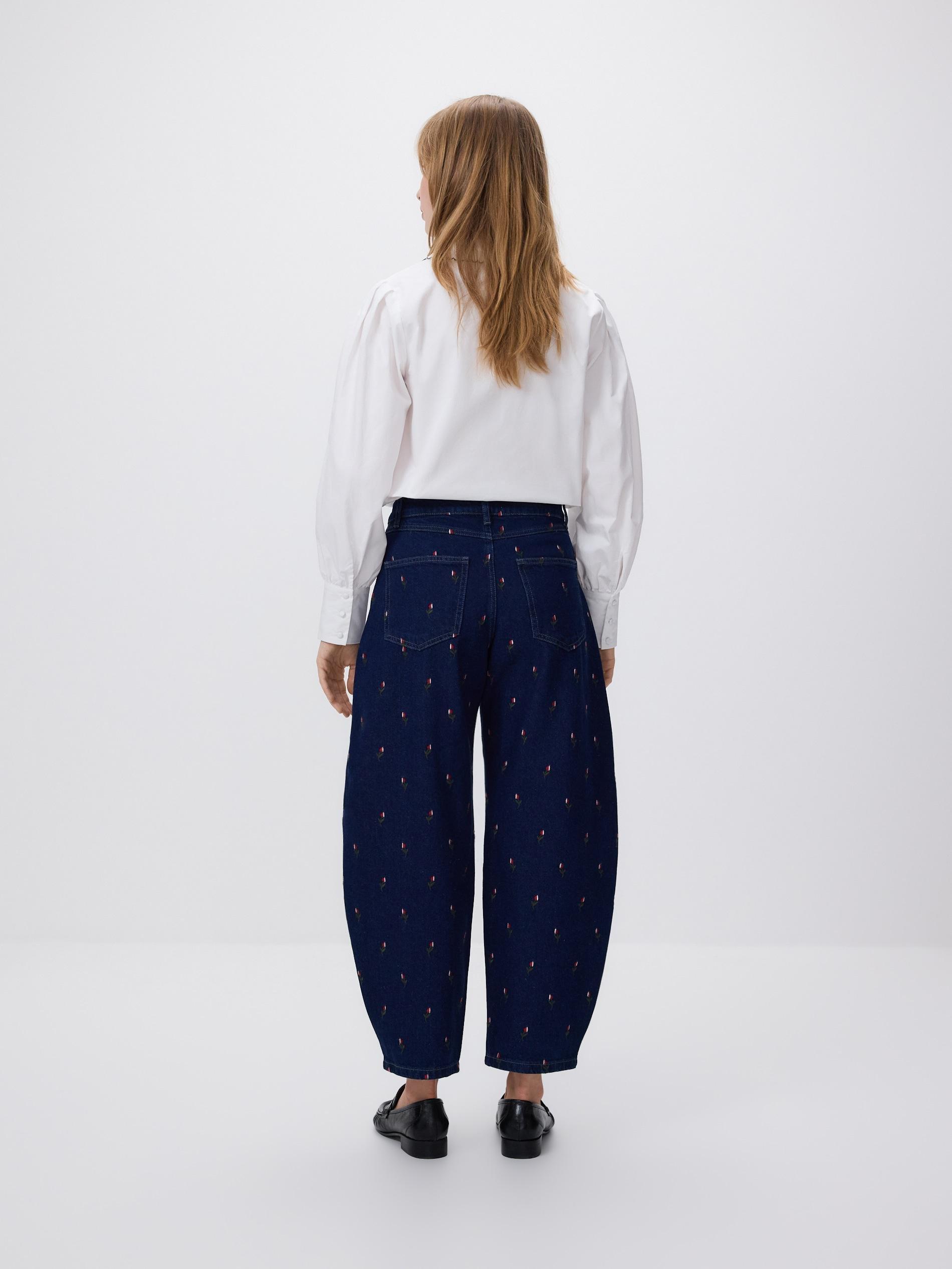 Navy Barrel Leg Jeans With Embroidery, Navy, large image number 1