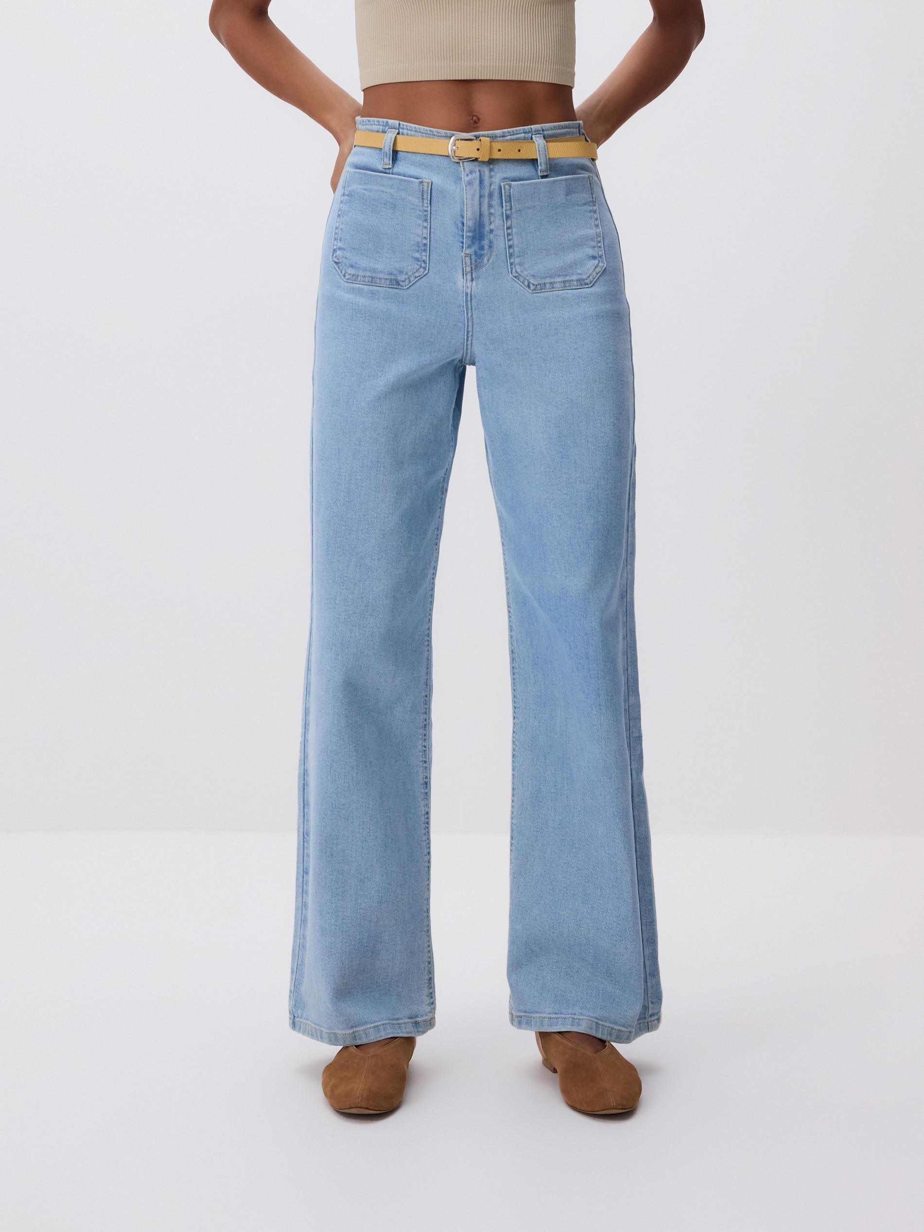 Blue Wide Leg Jeans With Belt, Blue, medium